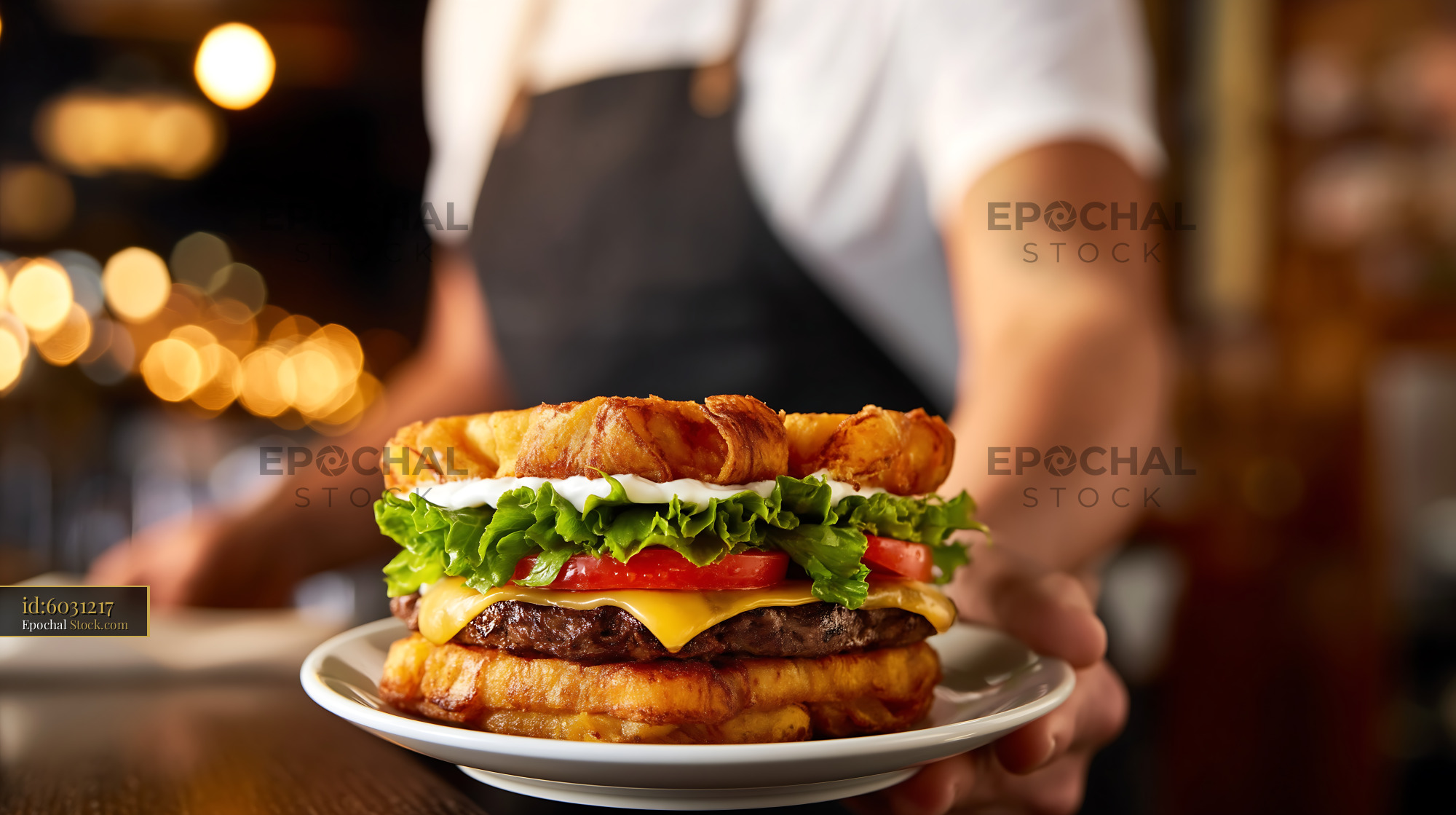Gourmet Croissant Burger Plated by Chef - stock photo