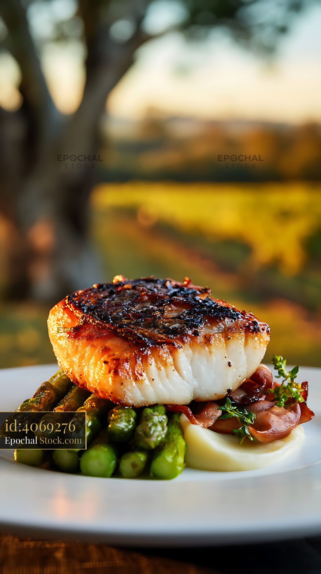 Murray Cod Fillet Seared with Asparagus & Bacon - stock photo
