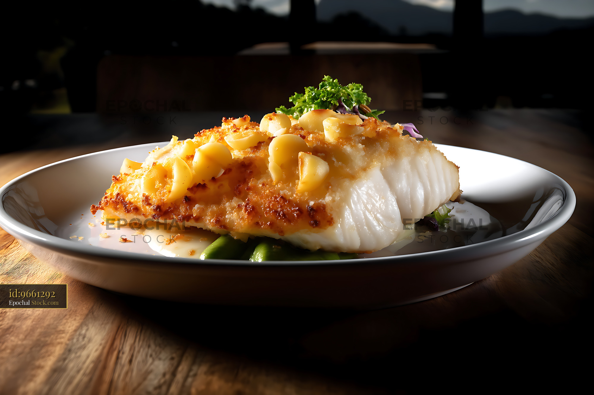 Golden Corn-Crusted Fish with Restaurant Plating - stock photo