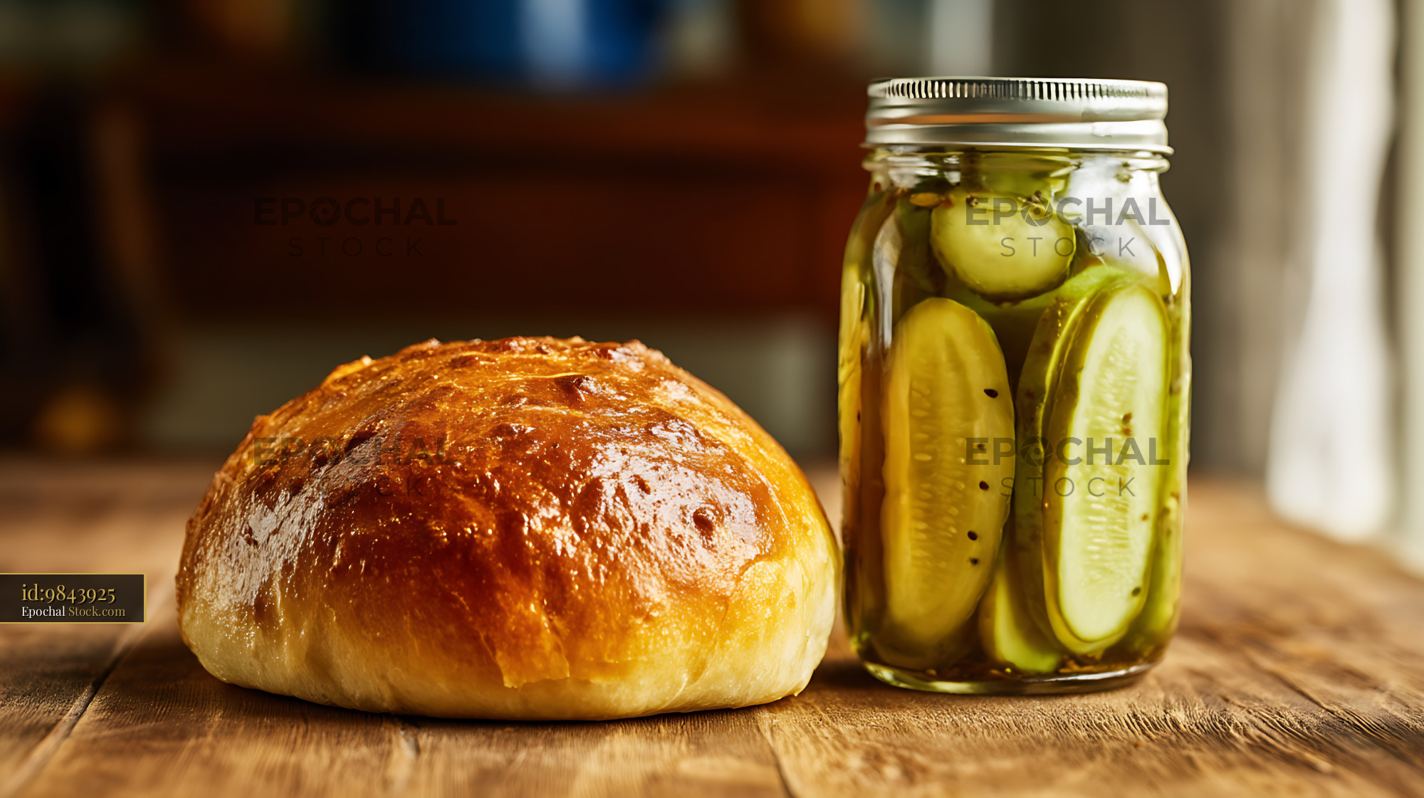 Pickled Cucumbers & Fresh Bread on Wood Table - stock photo