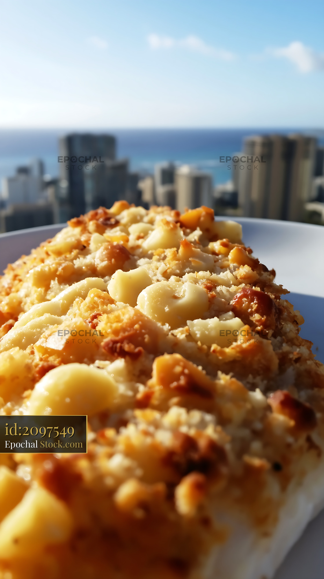 Baked Mac and Cheese with Coastal City View - stock photo