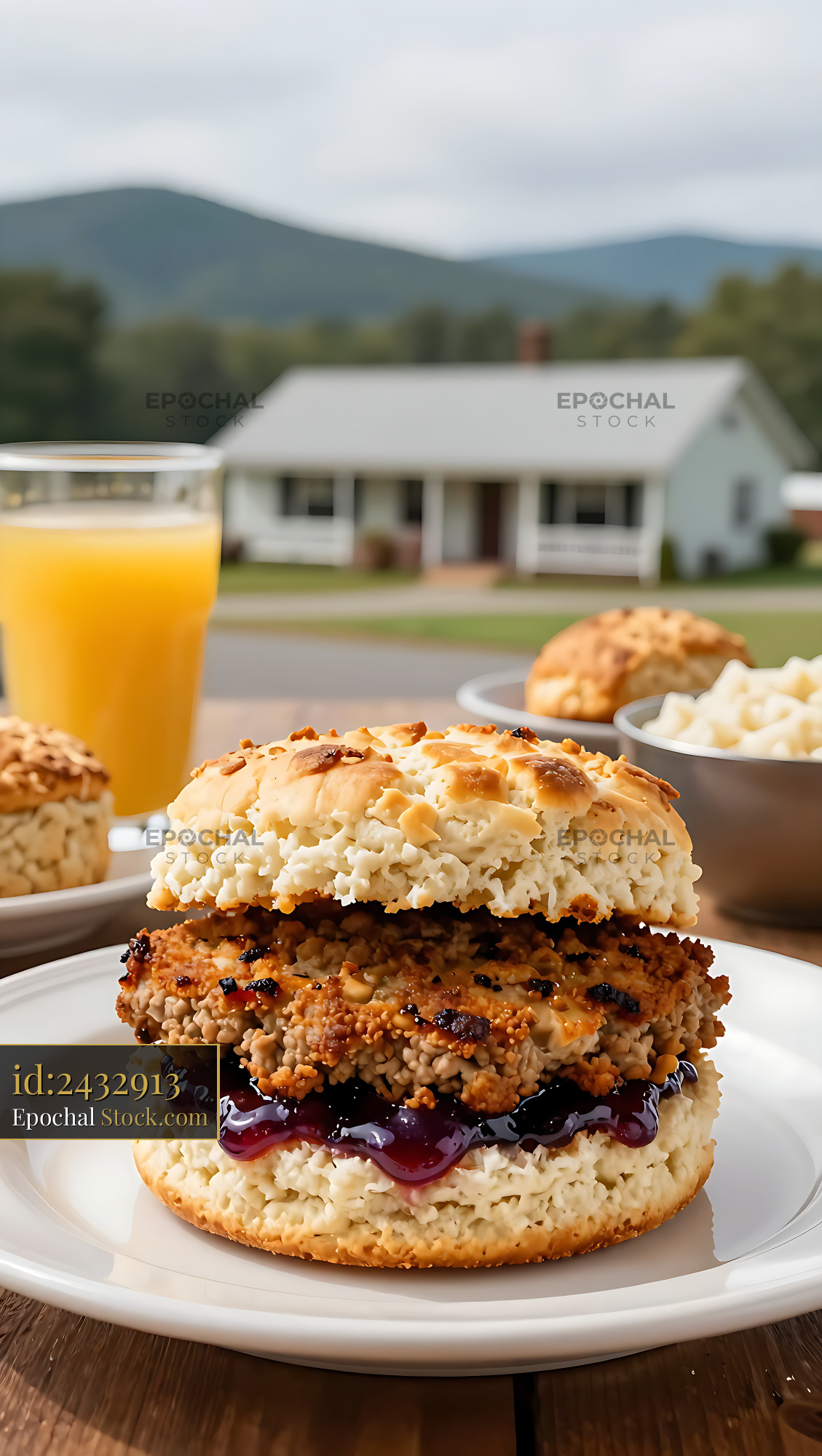 Livermush Sandwich with Jam, Rural Farm Setting - stock photo
