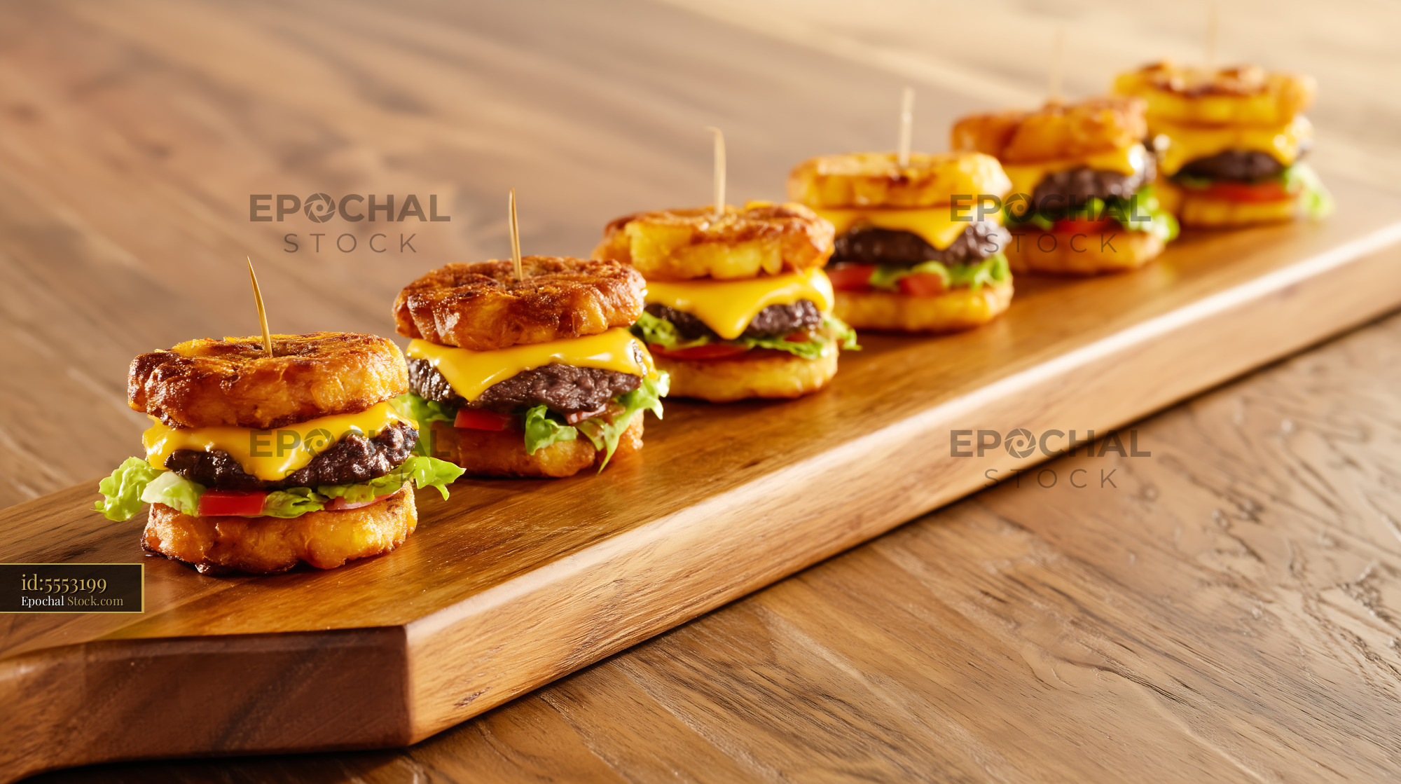 Jibarito Burger Sliders with Melted Cheese on Wooden Board - stock photo