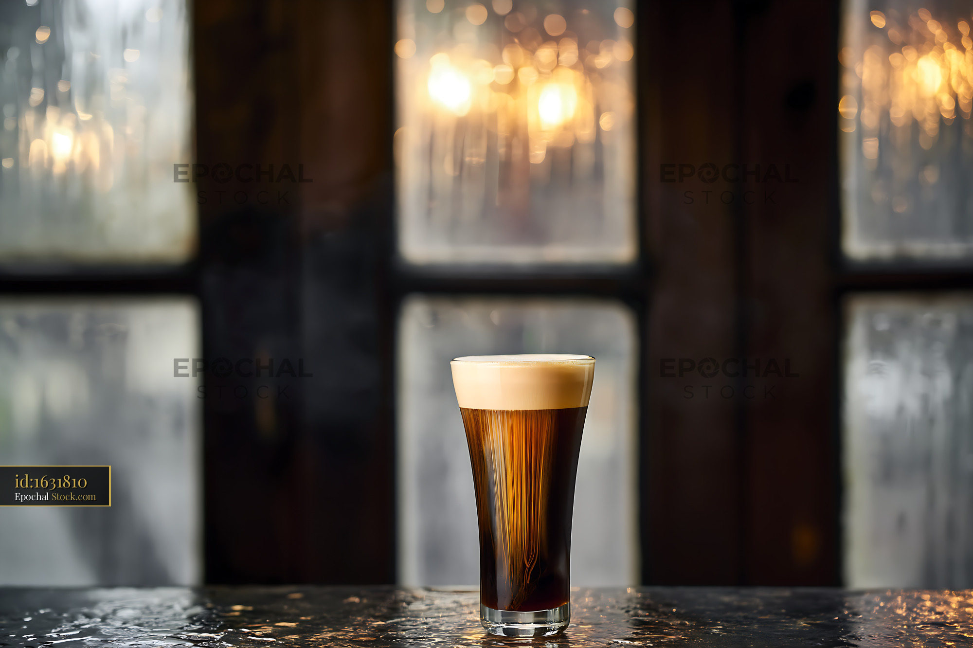 Nitro Caramel Coffee on Rainy Window Sill - stock photo