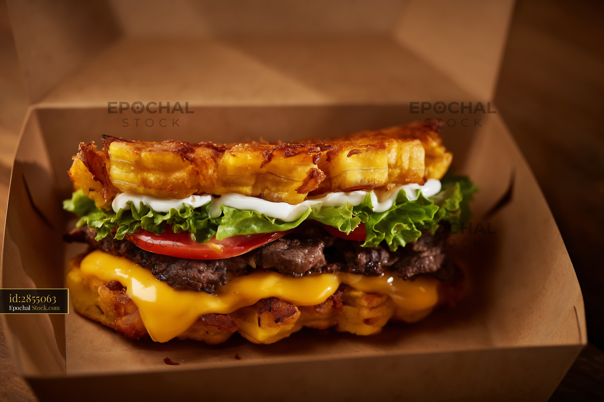 Gourmet Jibarito Burger With Fried Plantain Bun in Takeout Box - stock photo