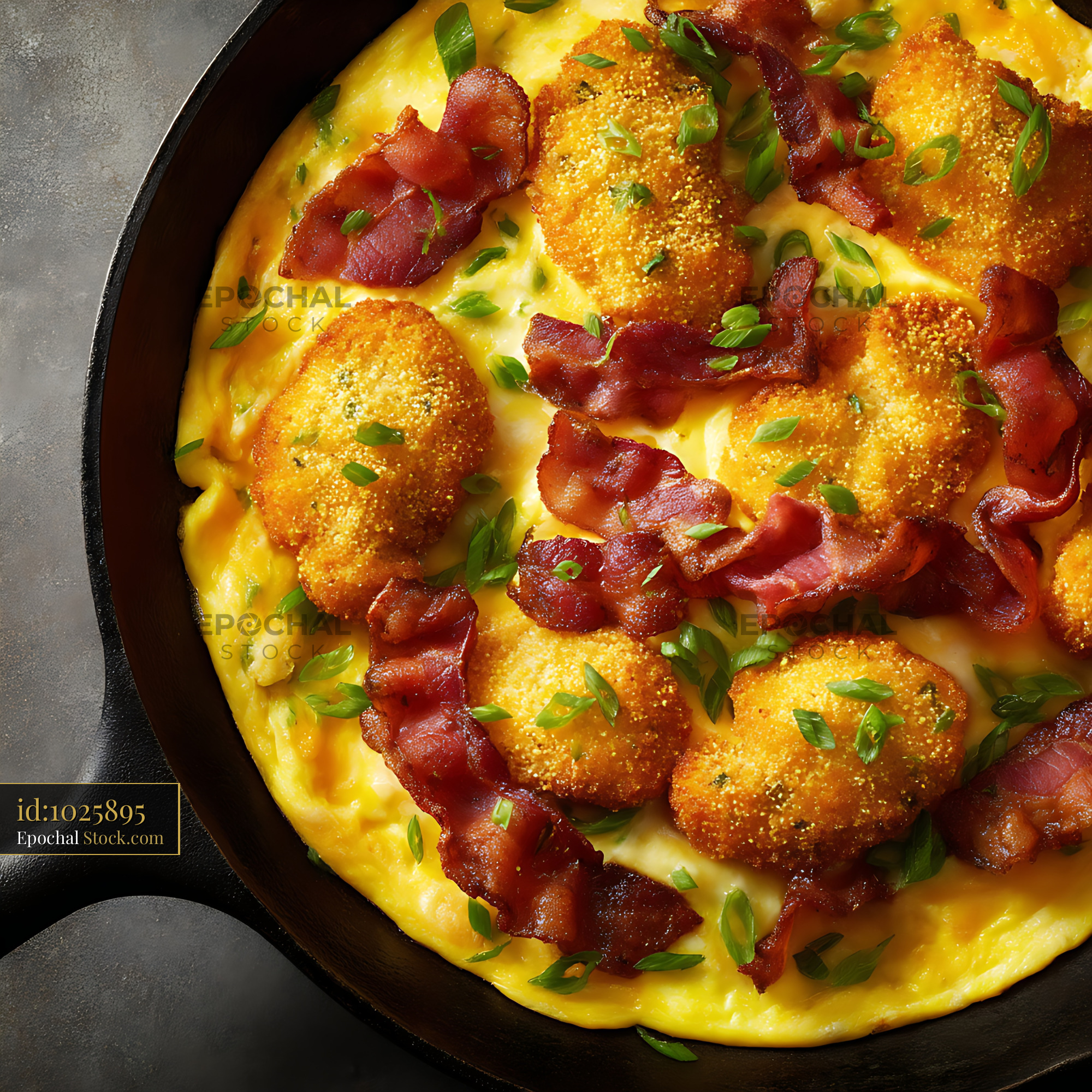 Golden Bacon Omelet with Scallions Cast Iron - stock photo