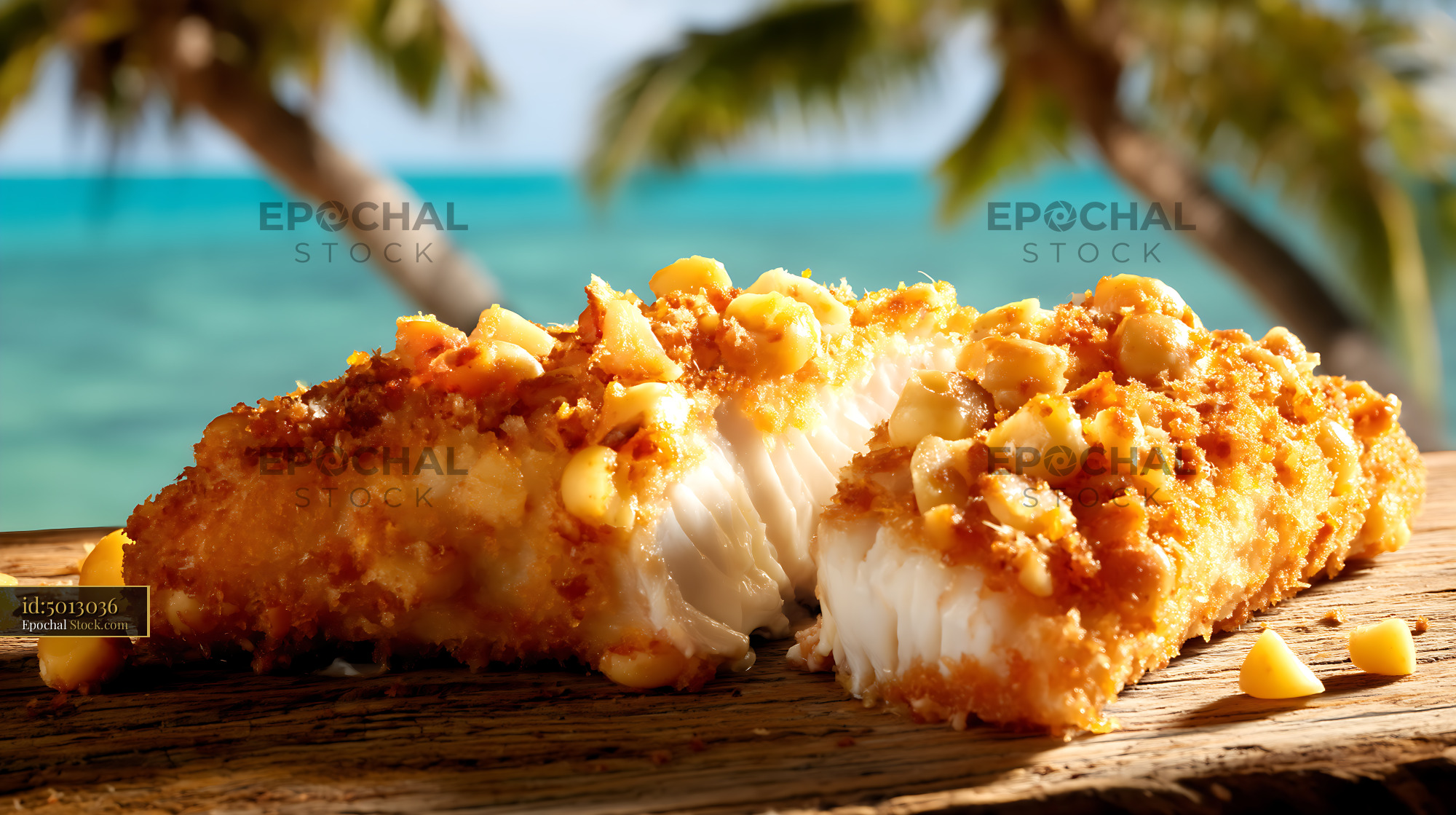 Macadamia Crusted Fish Over Tropical Ocean View - stock photo