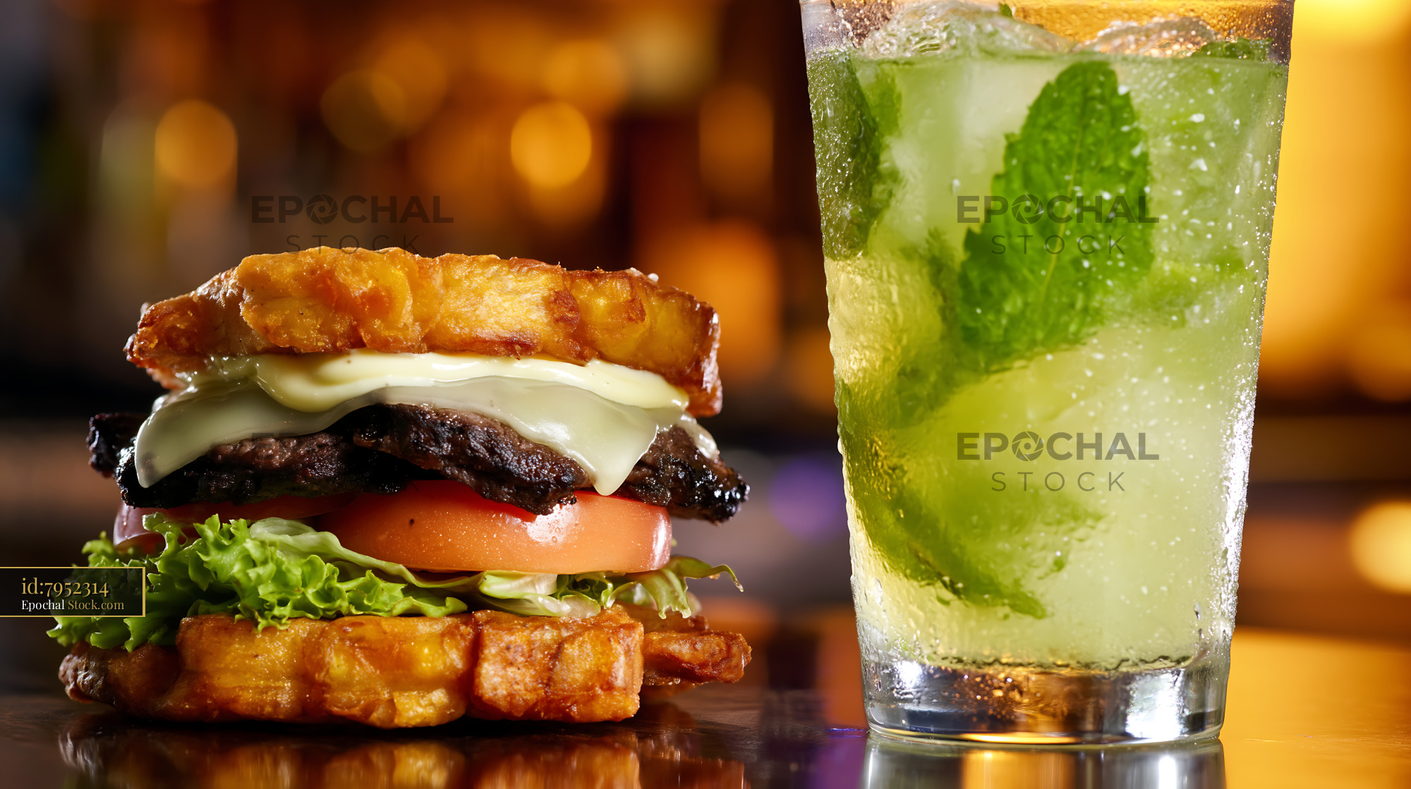 Golden Jibarito Burger with Fresh Mojito in Warm Restaurant Ambiance - stock photo