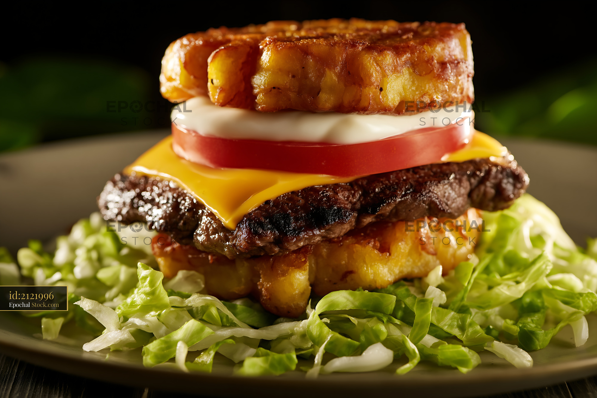 Jibarito Burger with Caramelized Plantain Bun, Seasoned Beef Patty, and Fresh Lettuce - stock photo