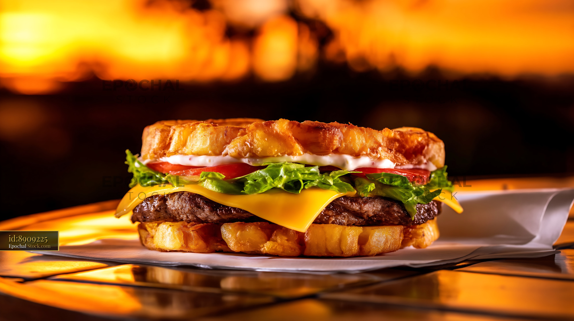 Jibarito Burger with Melted Cheese and Fresh Greens at Golden Hour - stock photo