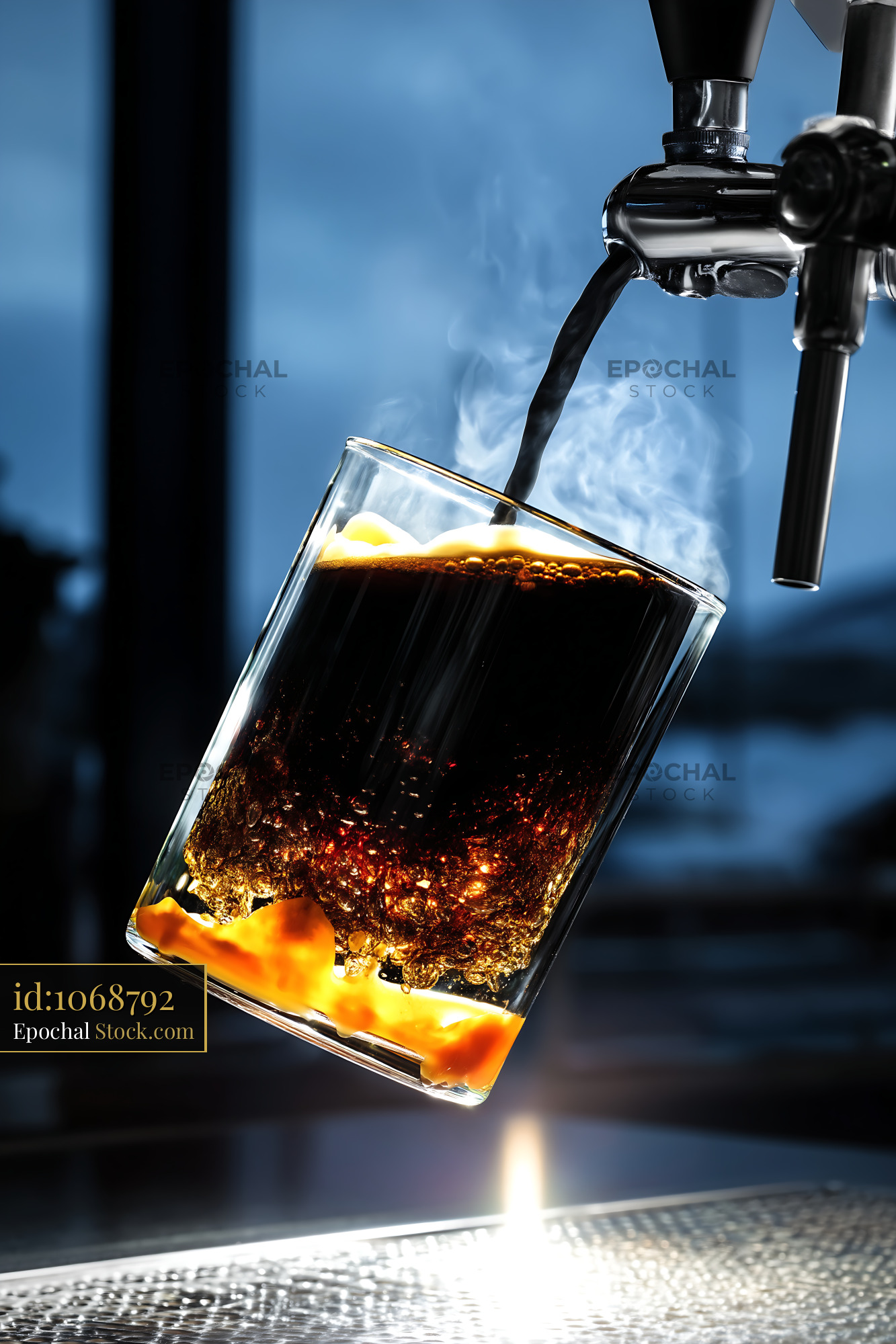 Cold Beverage Pouring Into Glass With Golden Glow - stock photo