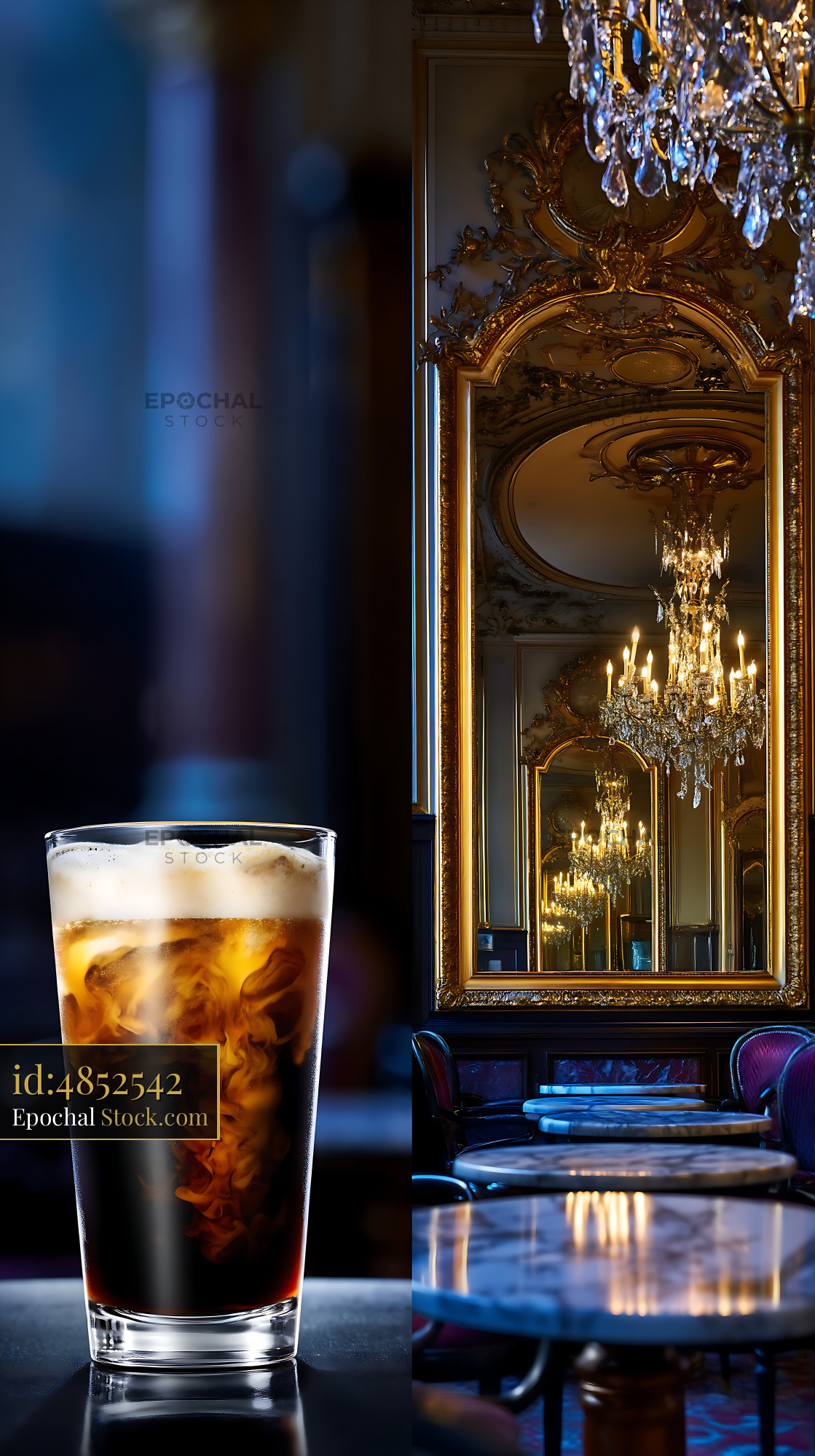 Nitro Caramel Coffee Beside Crystal Chandelier - stock photo