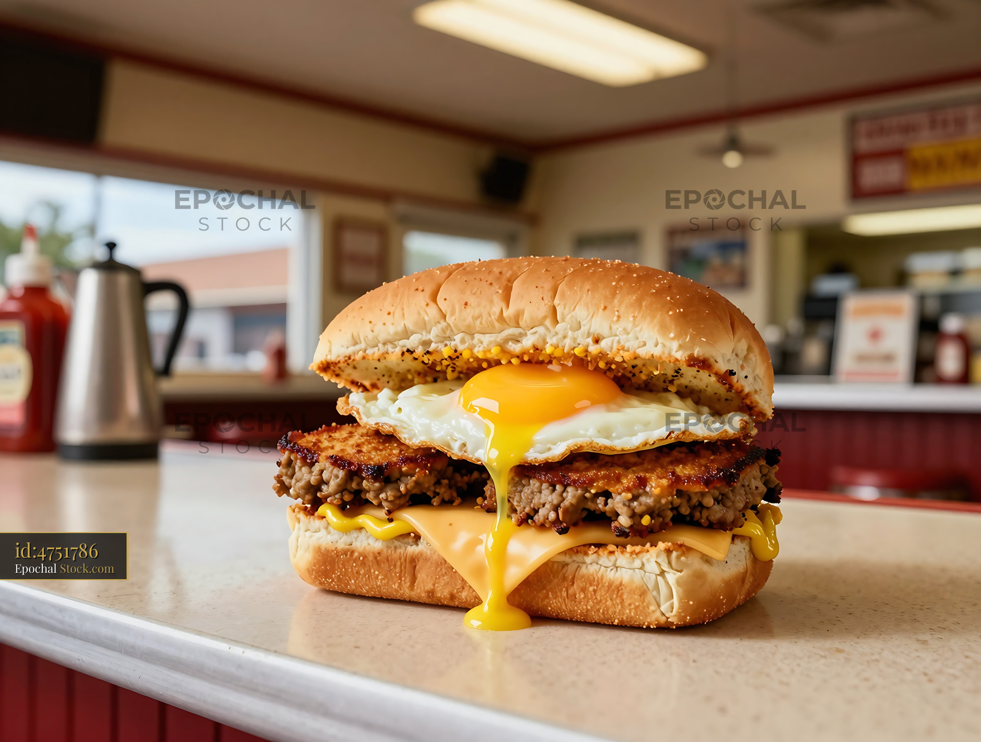 Livermush Sandwich with Fried Egg at Diner Counter - stock photo