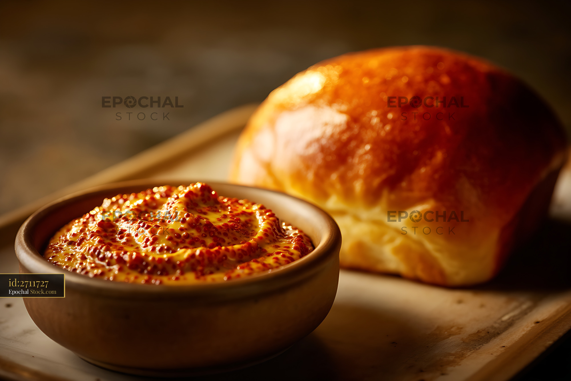 Bierocks Bread with Red Pepper Sauce on Rustic Wooden Board - stock photo