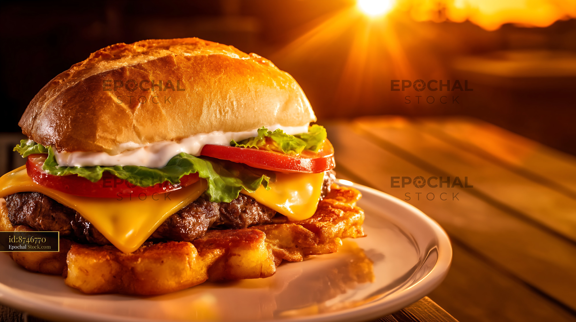 Gourmet Cheeseburger with Golden Fried Potatoes - stock photo