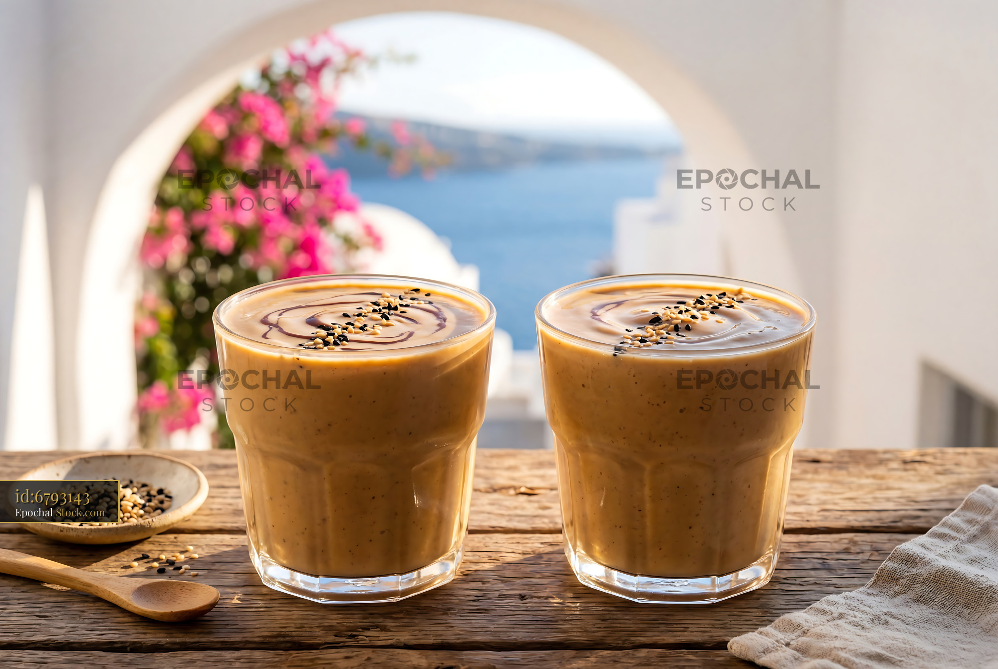 Tahini Date Shake by Mediterranean Seaside - stock photo