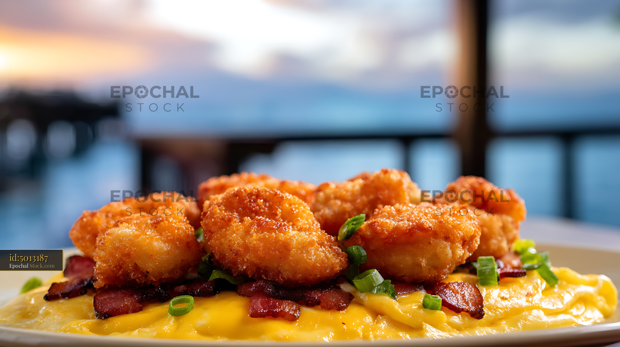 Crispy Fried Shrimp and Creamy Pasta with Bacon - stock photo