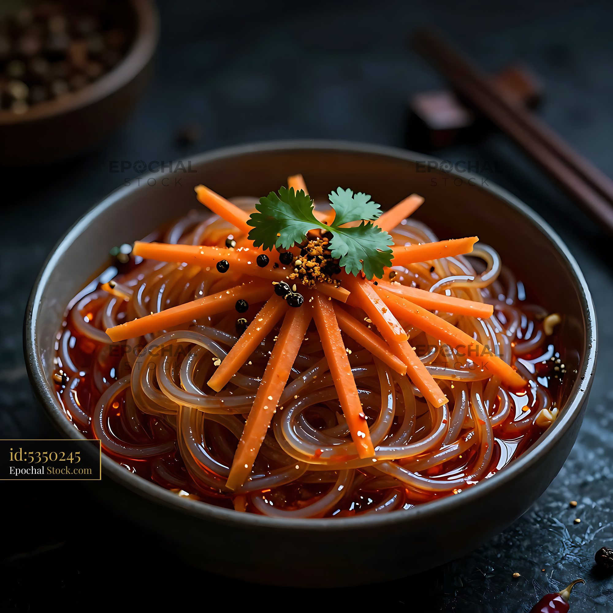 Sichuan Glass Noodle Salad with Carrot Garnish - stock photo