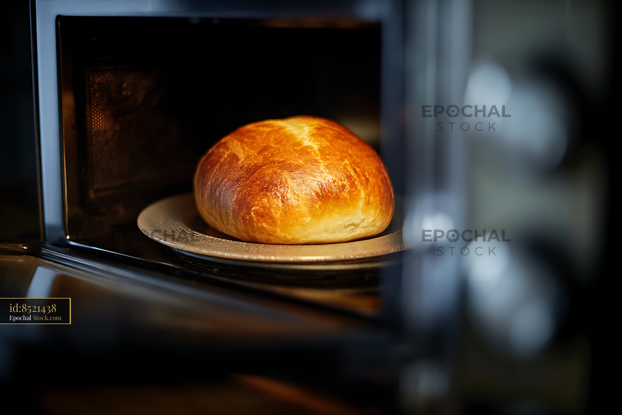 Golden Bread Roll Reheating in Microwave Oven Interior - stock photo