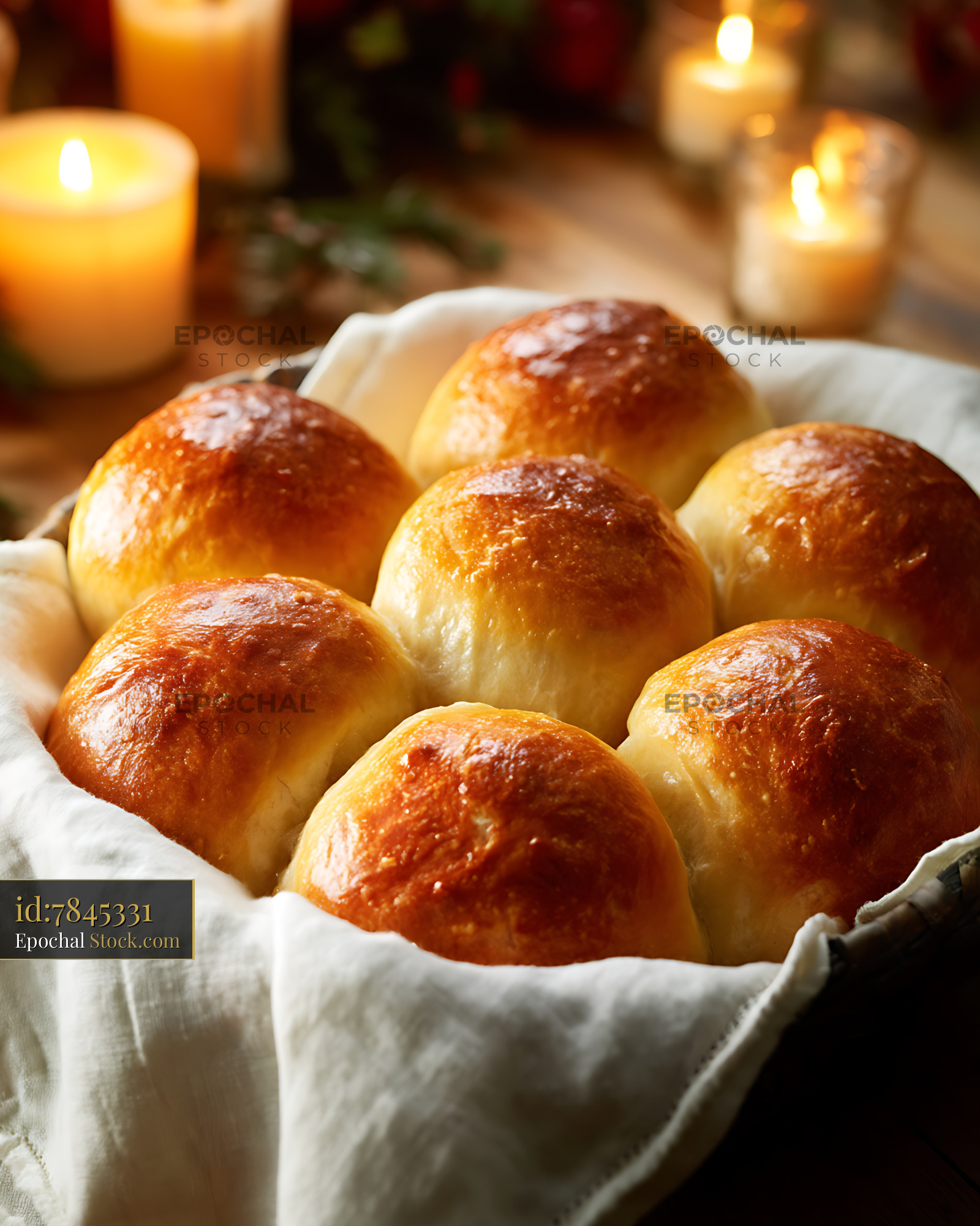 Freshly Baked Golden Dinner Rolls Festive Table - stock photo