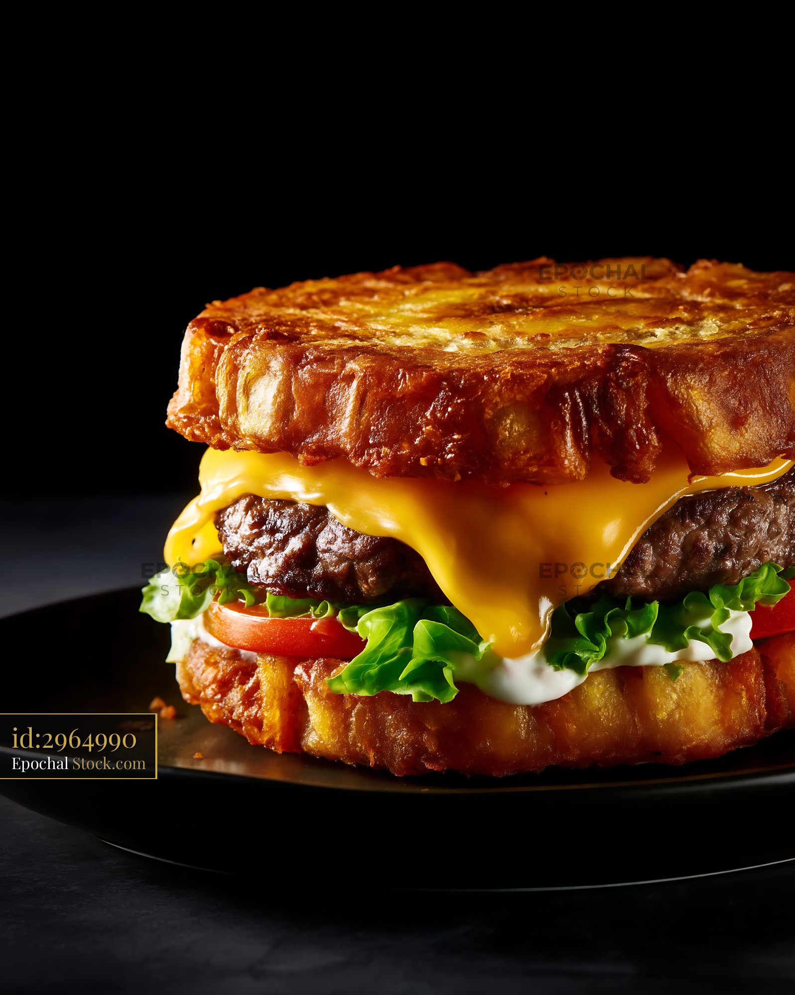 Crispy Jibarito Burger with Melted Cheese and Fresh Toppings - stock photo