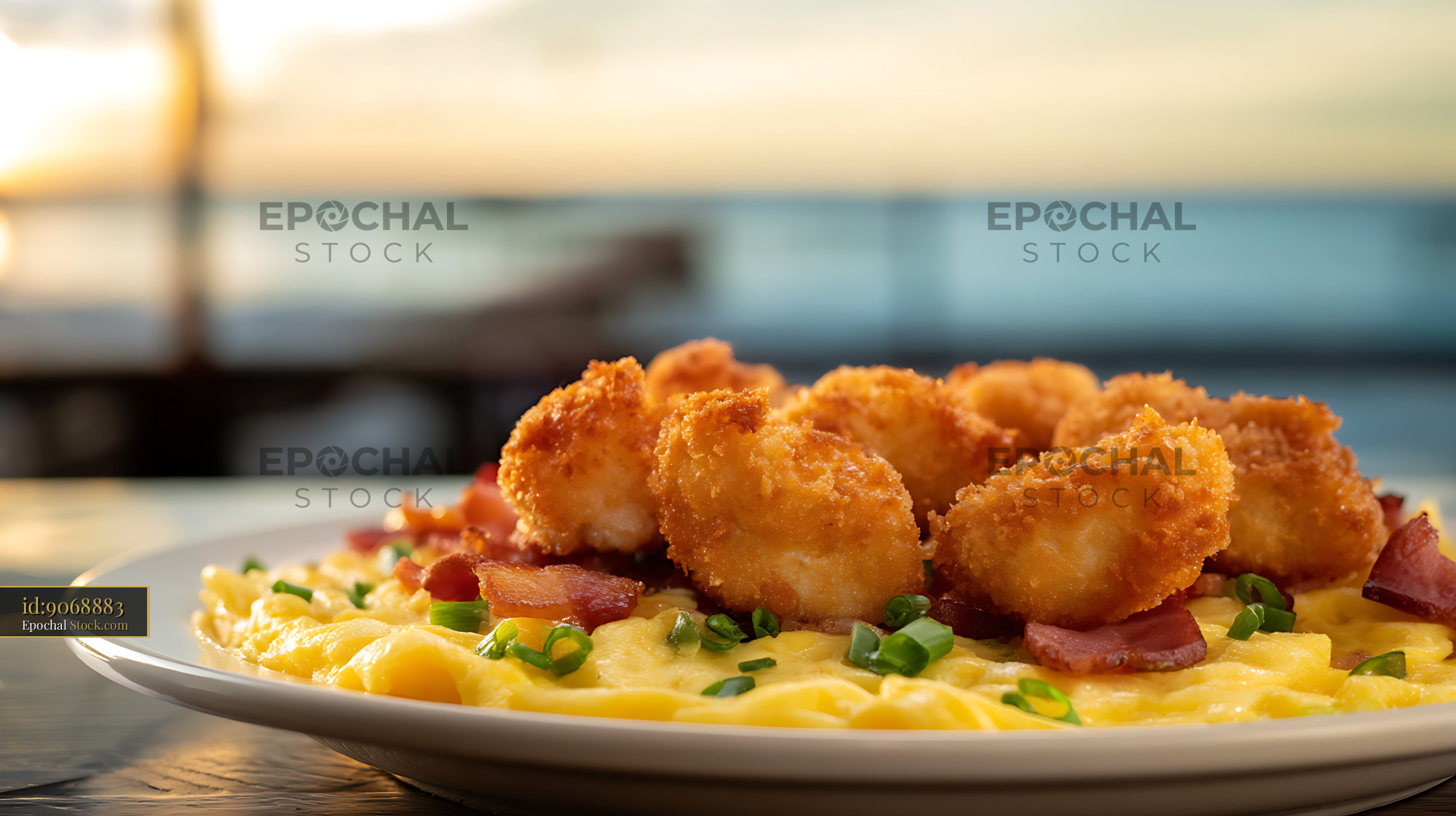 Golden Fried Shrimp Pasta at Seaside - stock photo