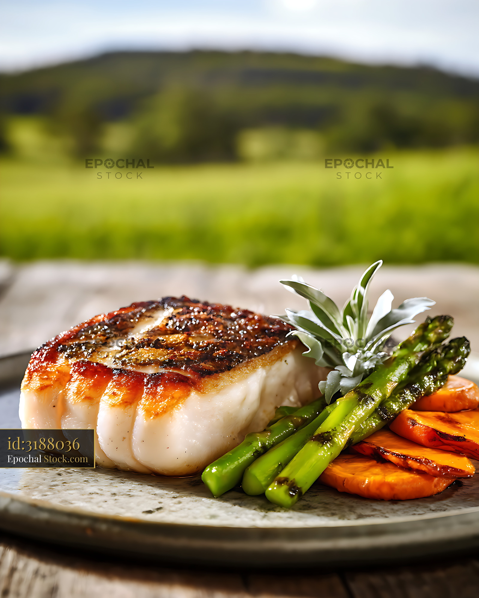 Seared Scallop with Asparagus and Roasted Carrots - stock photo