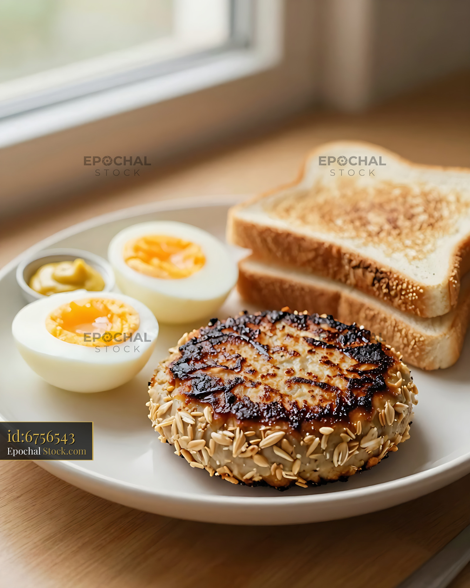 Oat Burger Breakfast with Soft-Boiled Eggs & Toast - stock photo