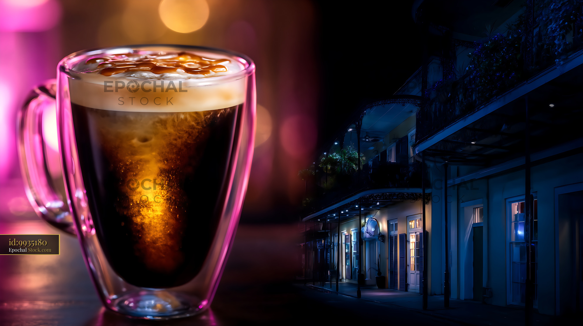 Nitro Caramel Coffee in Neon Glow Glass Mug - stock photo