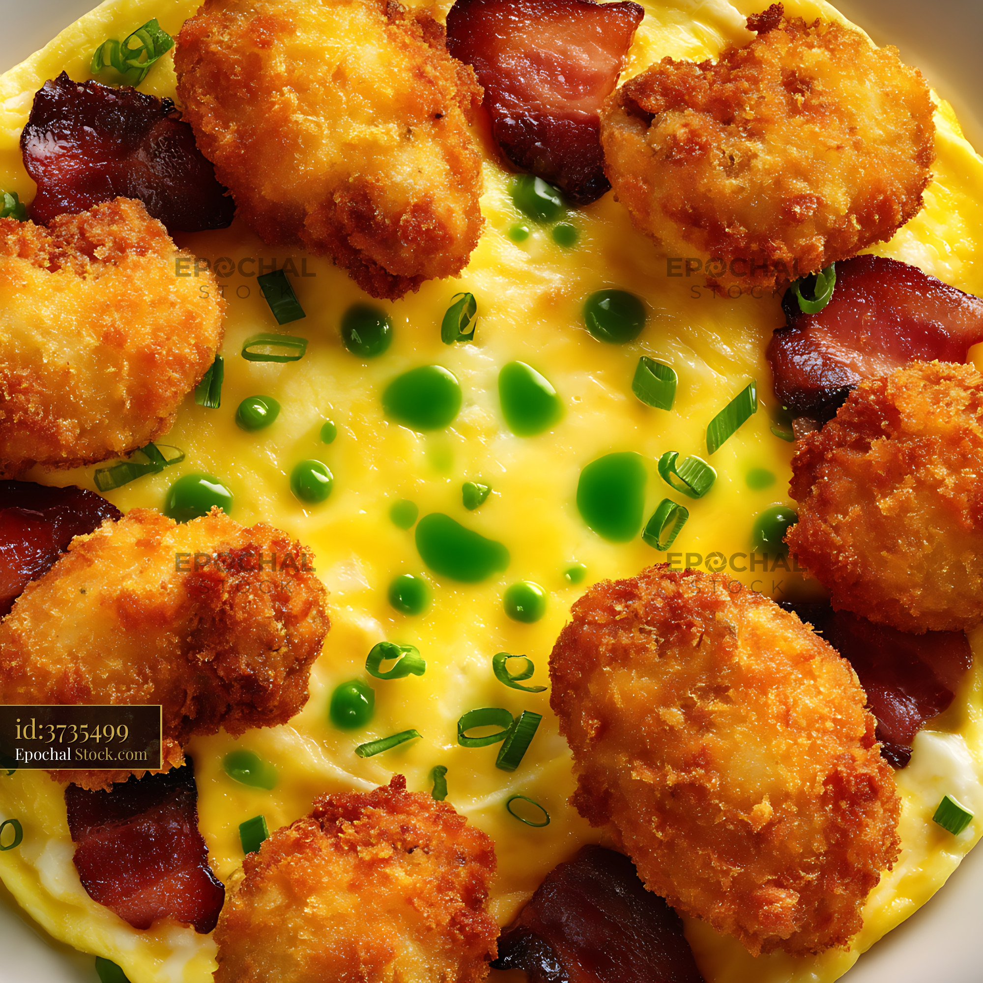 Crispy Shrimp Omelet with Bacon and Peas - stock photo