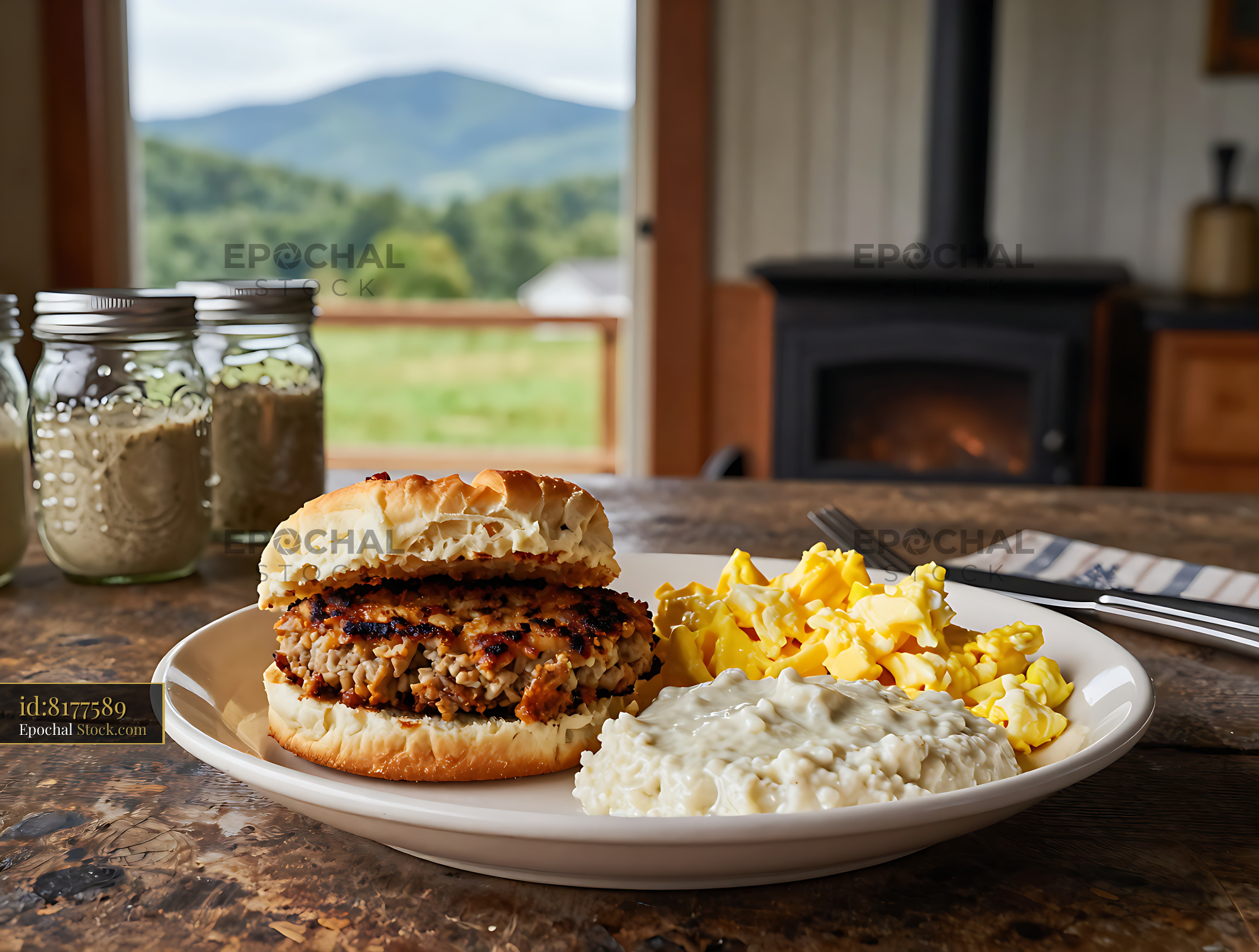 Livermush Sandwich Plate in Farmhouse Kitchen - stock photo