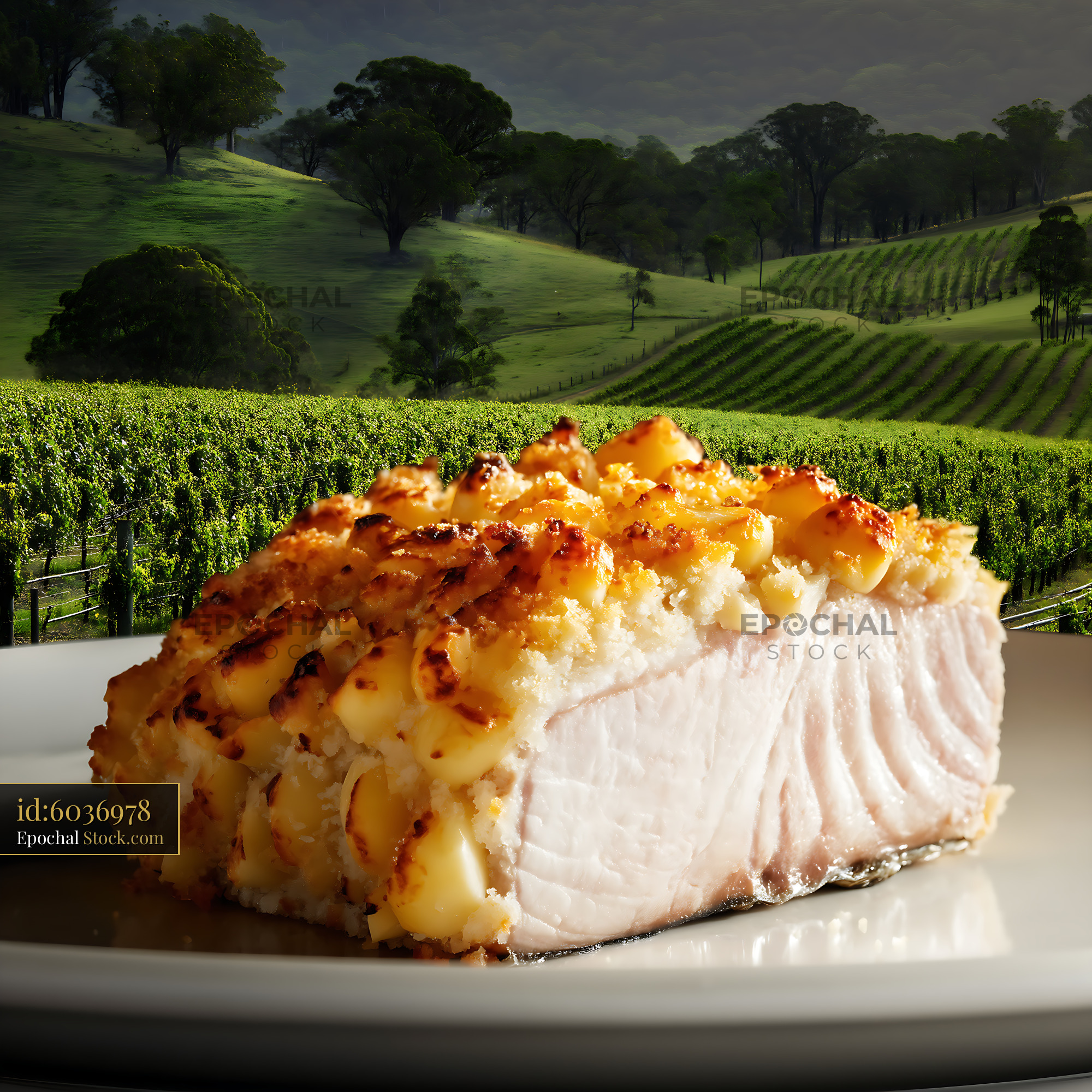 Macadamia Crusted Fish on White Plate - stock photo