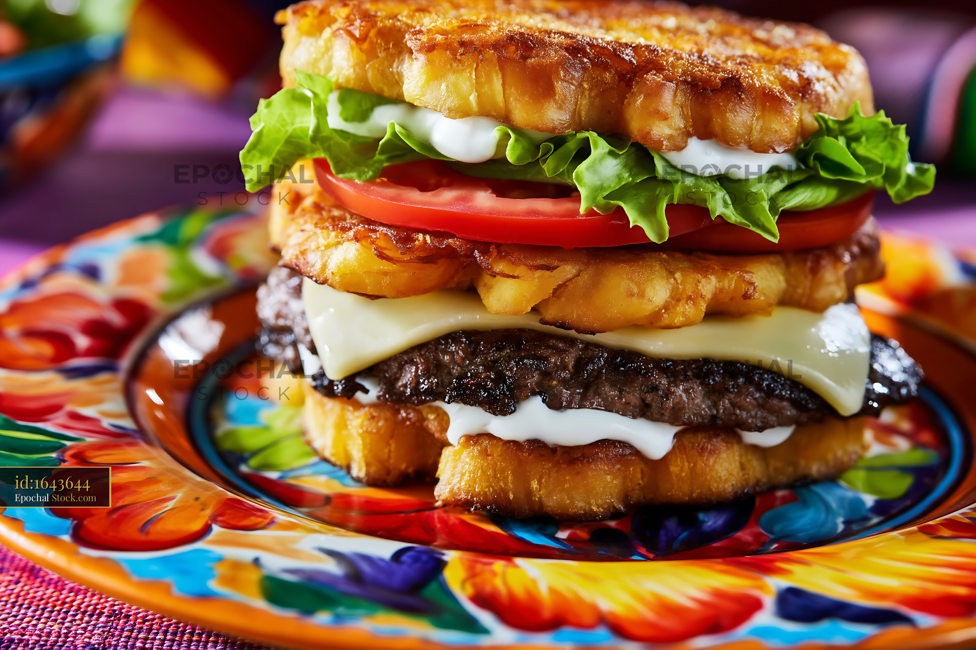 Jibarito Burger with Crispy Plantain Buns, Beef and Cheese on Colorful Plate - stock photo
