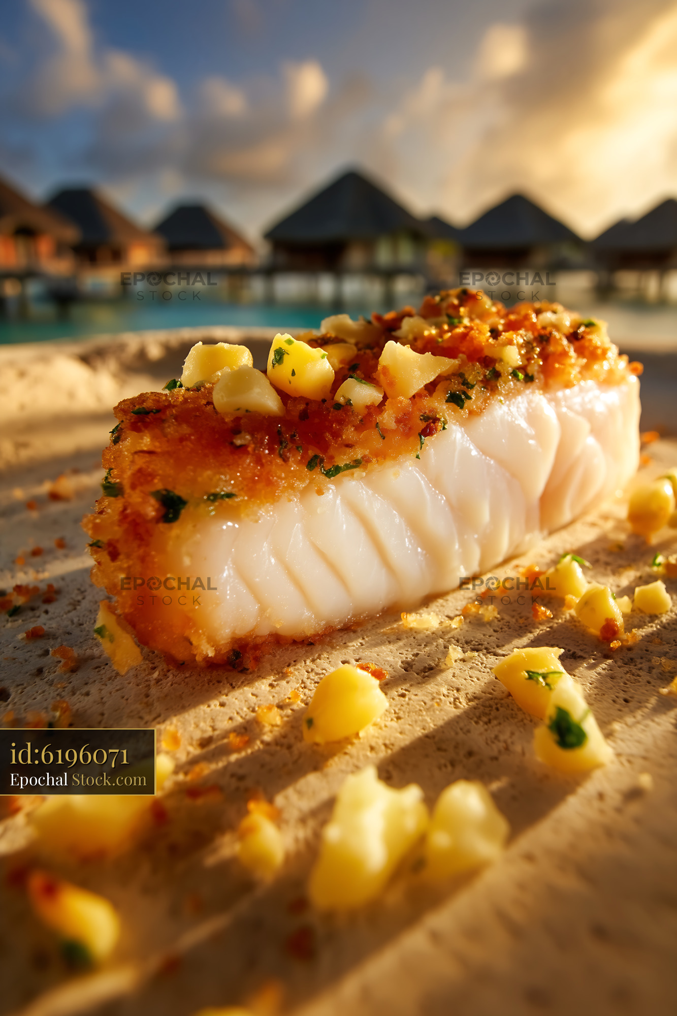 Seared White Fish with Mango at Tropical Resort - stock photo