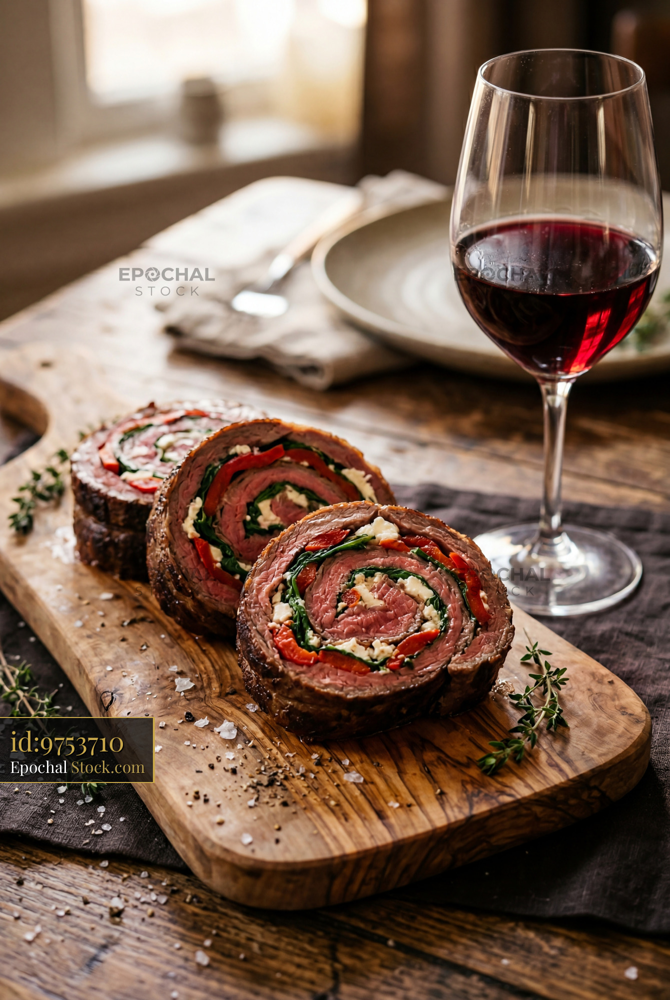 Beef Roulade Slices with Spinach and Red Wine - stock photo