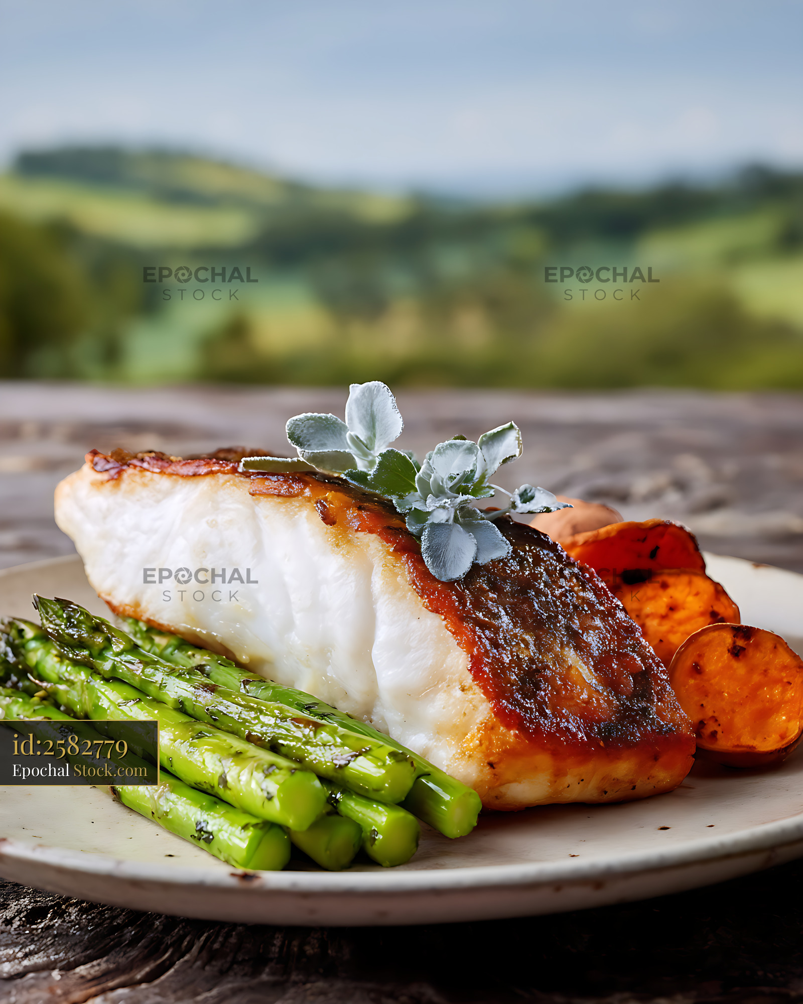 Murray Cod Fillet with Asparagus and Sweet Potato - stock photo