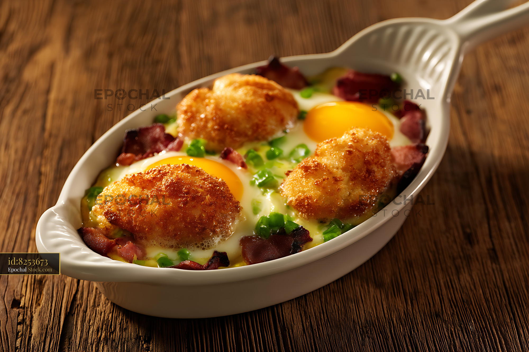 Golden Baked Eggs with Bacon, Peas & Cream - stock photo