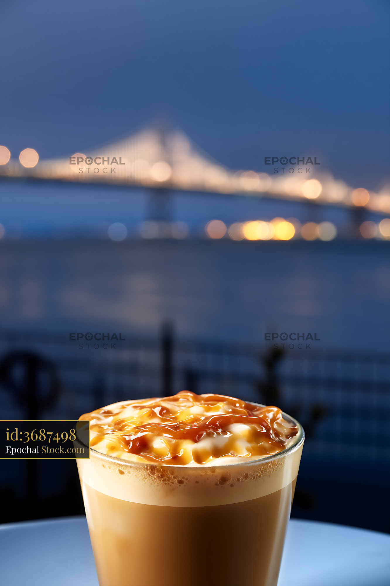 Nitro Caramel Coffee with Evening Bridge View - stock photo
