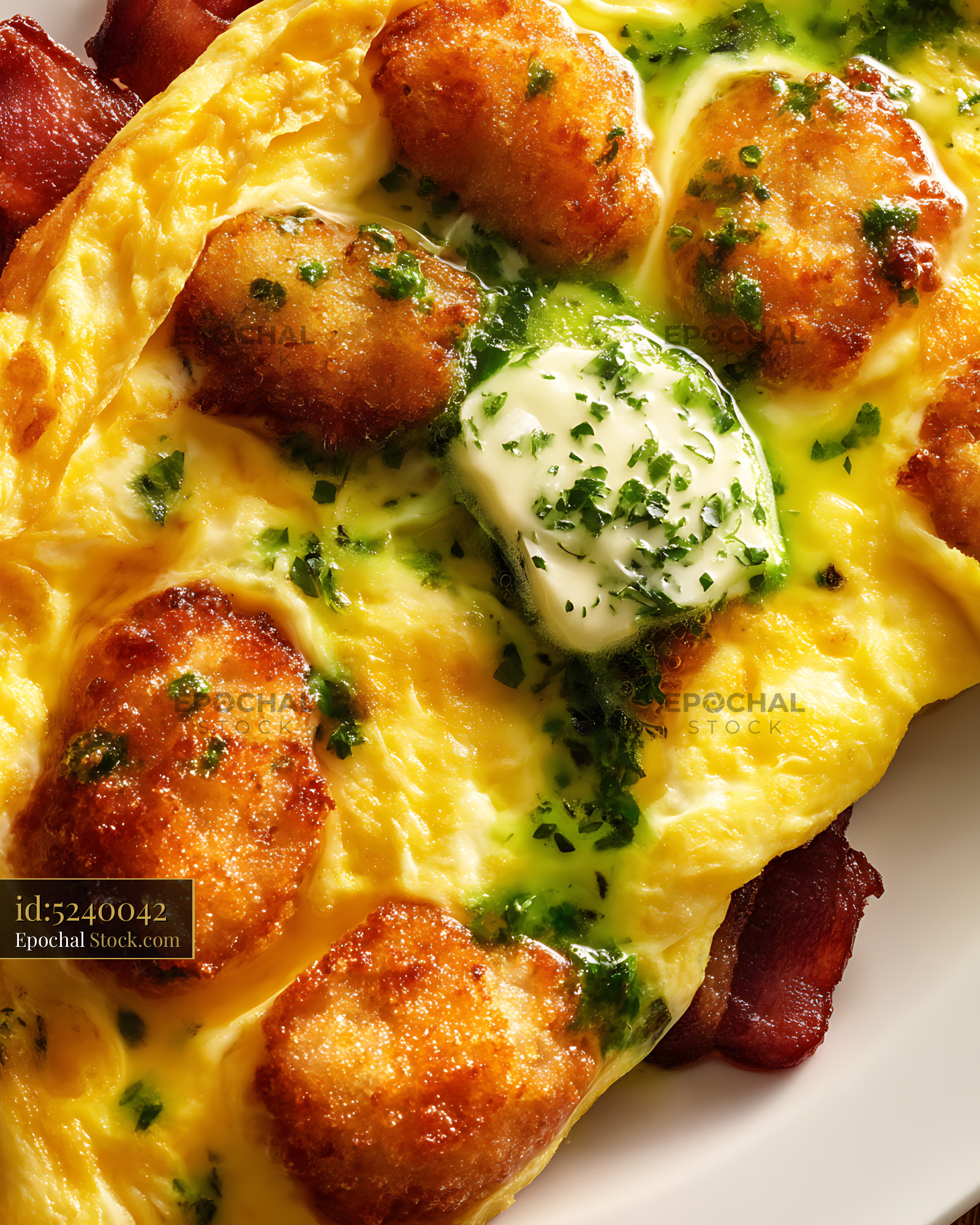 Fluffy Omelet with Sausage and Herb Butter - stock photo