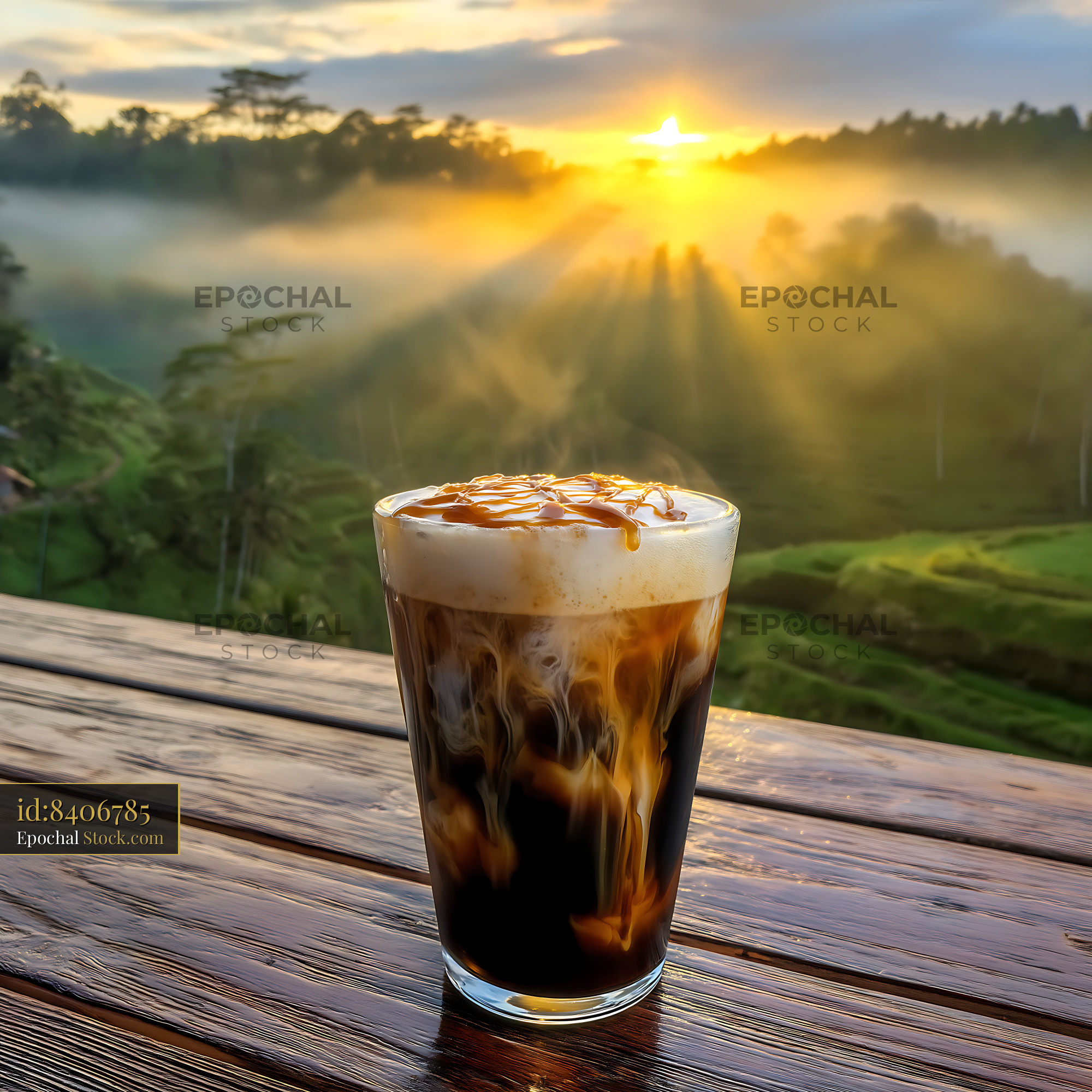 Nitro Caramel Coffee Sunrise Over Mountain Valley - stock photo