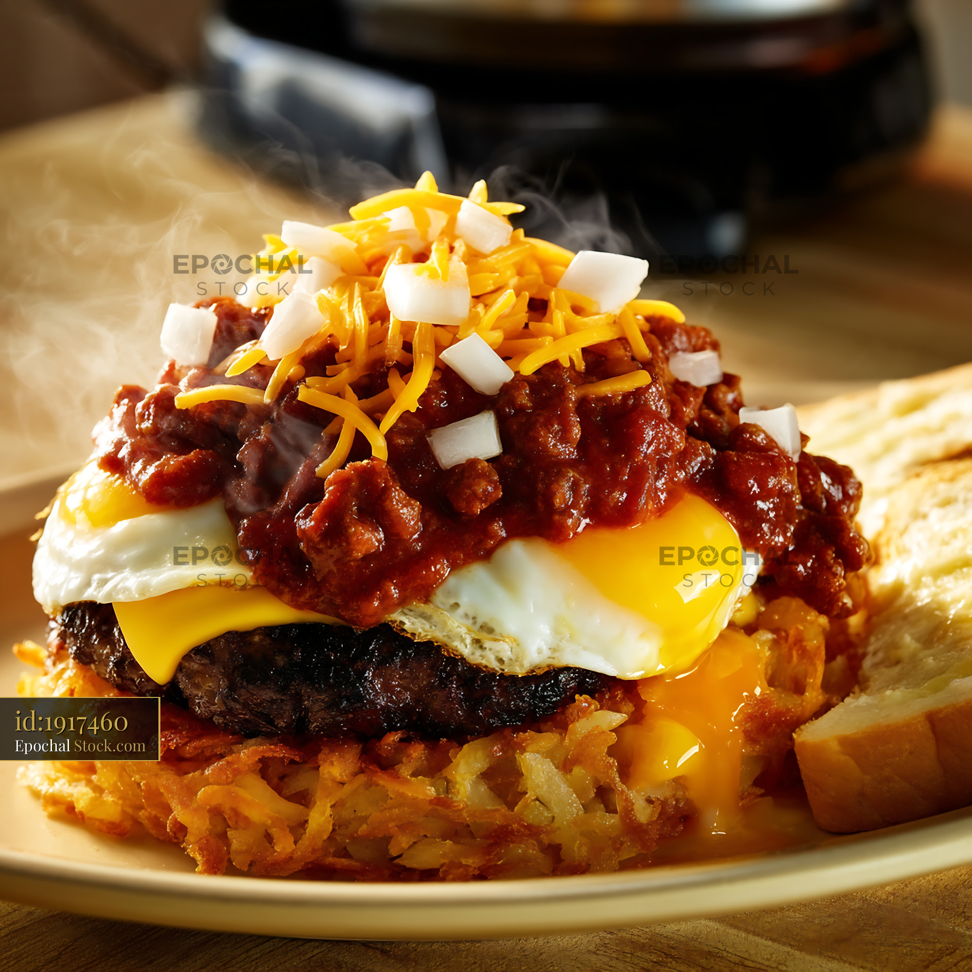 St. Louis Slinger With Fried Egg and Chili Topping - stock photo