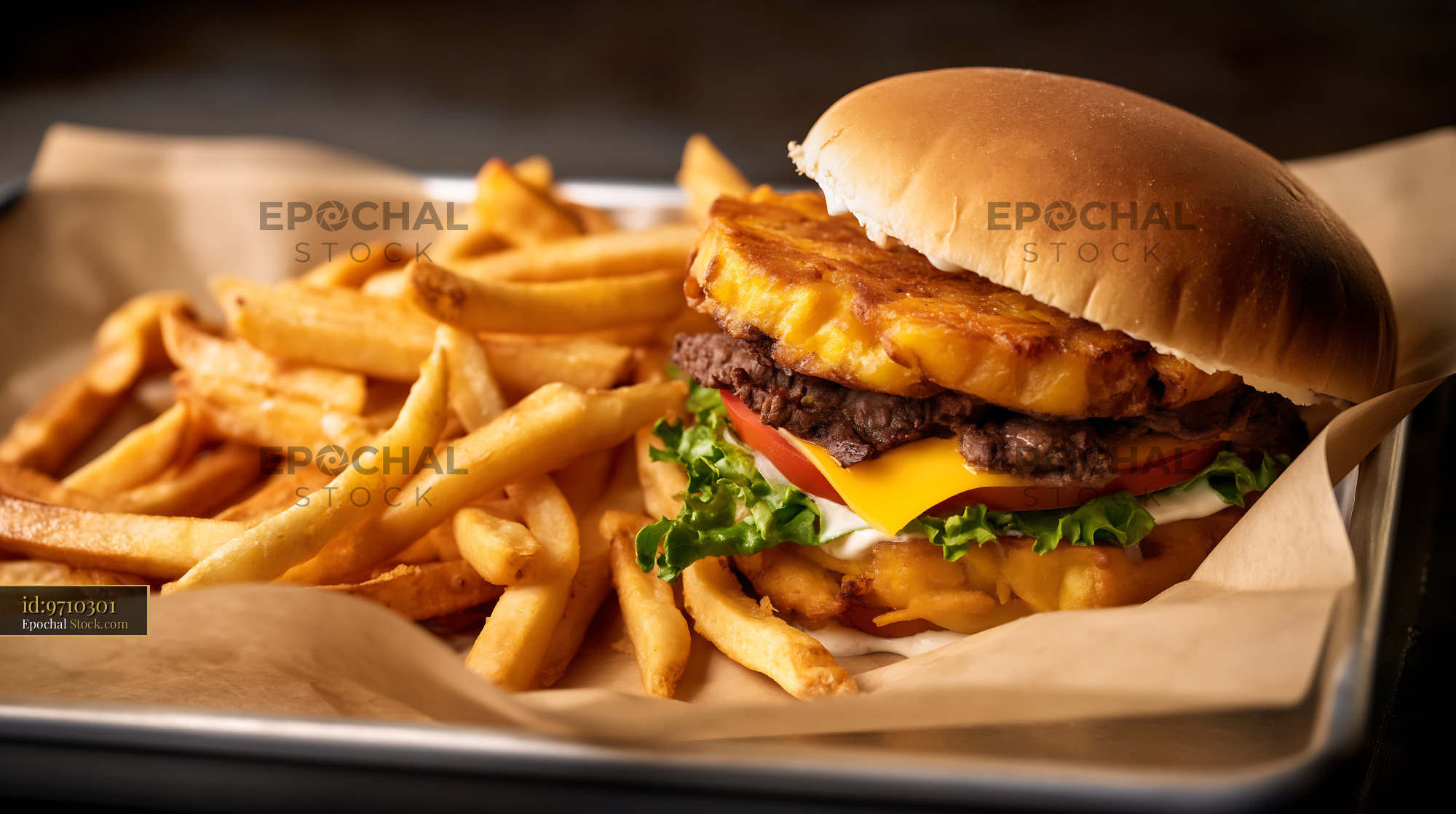 Jibarito Burger with Melted Cheese and Fries - stock photo