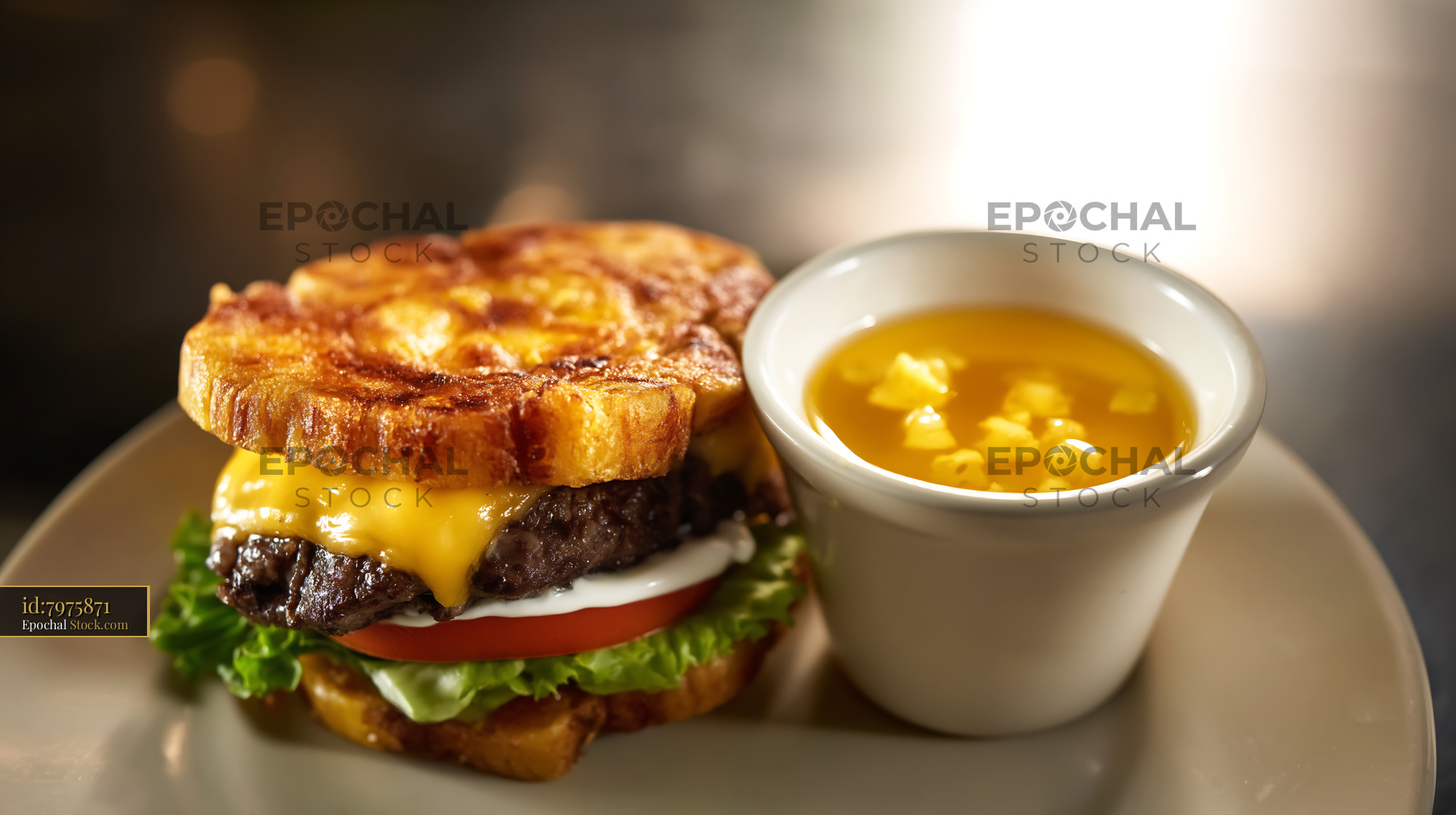 Gourmet Cheeseburger with Creamy Corn Soup - stock photo