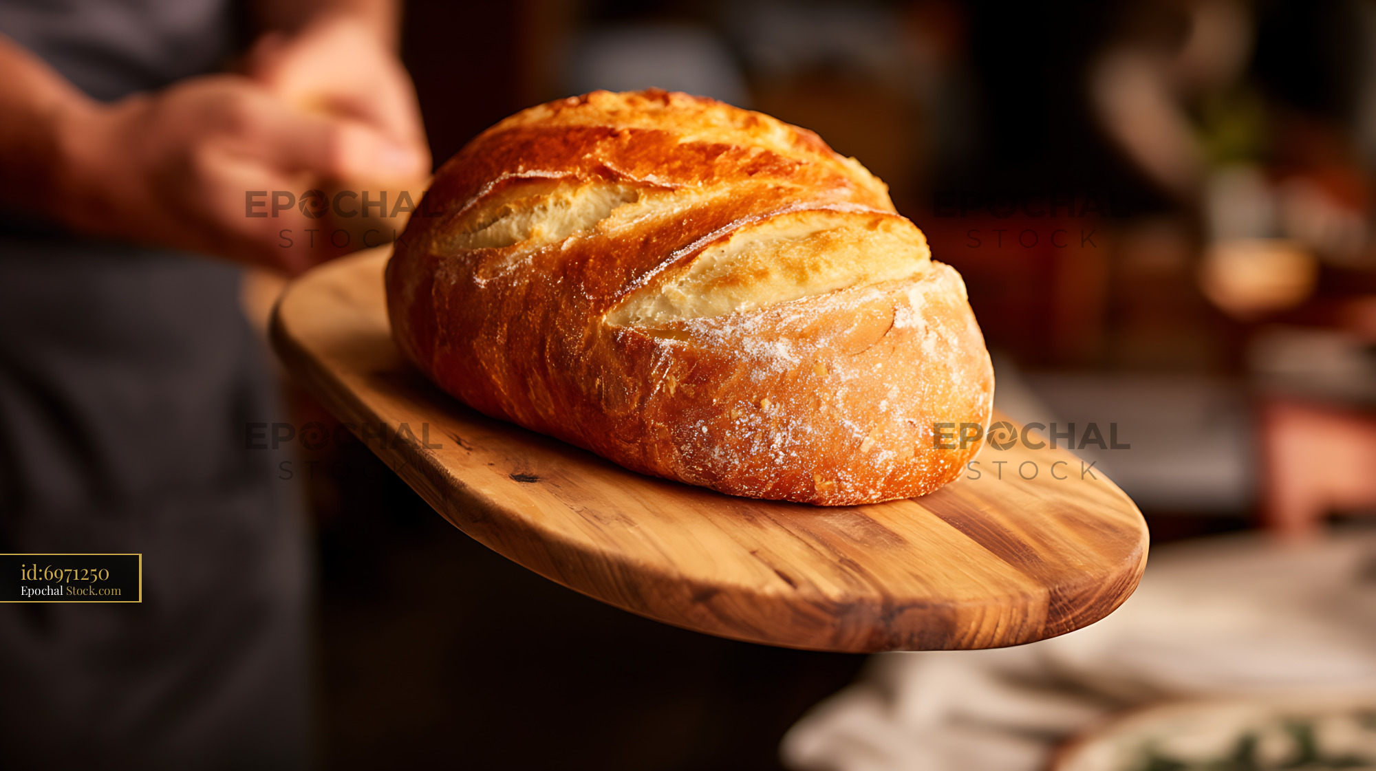 Artisan Bread Fresh from Oven on Wood Board - stock photo