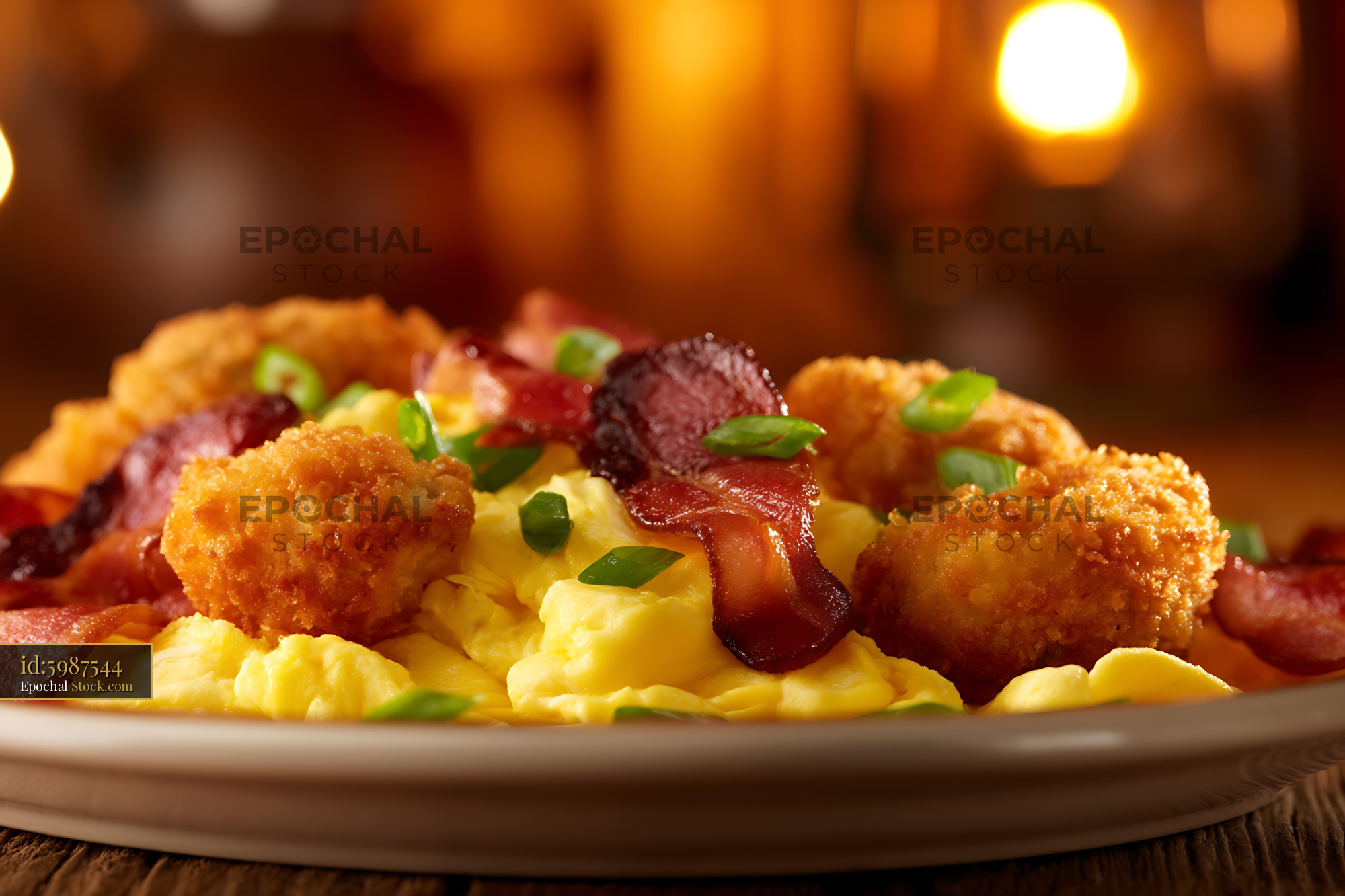Shrimp and Eggs Breakfast with Crispy Bacon - stock photo
