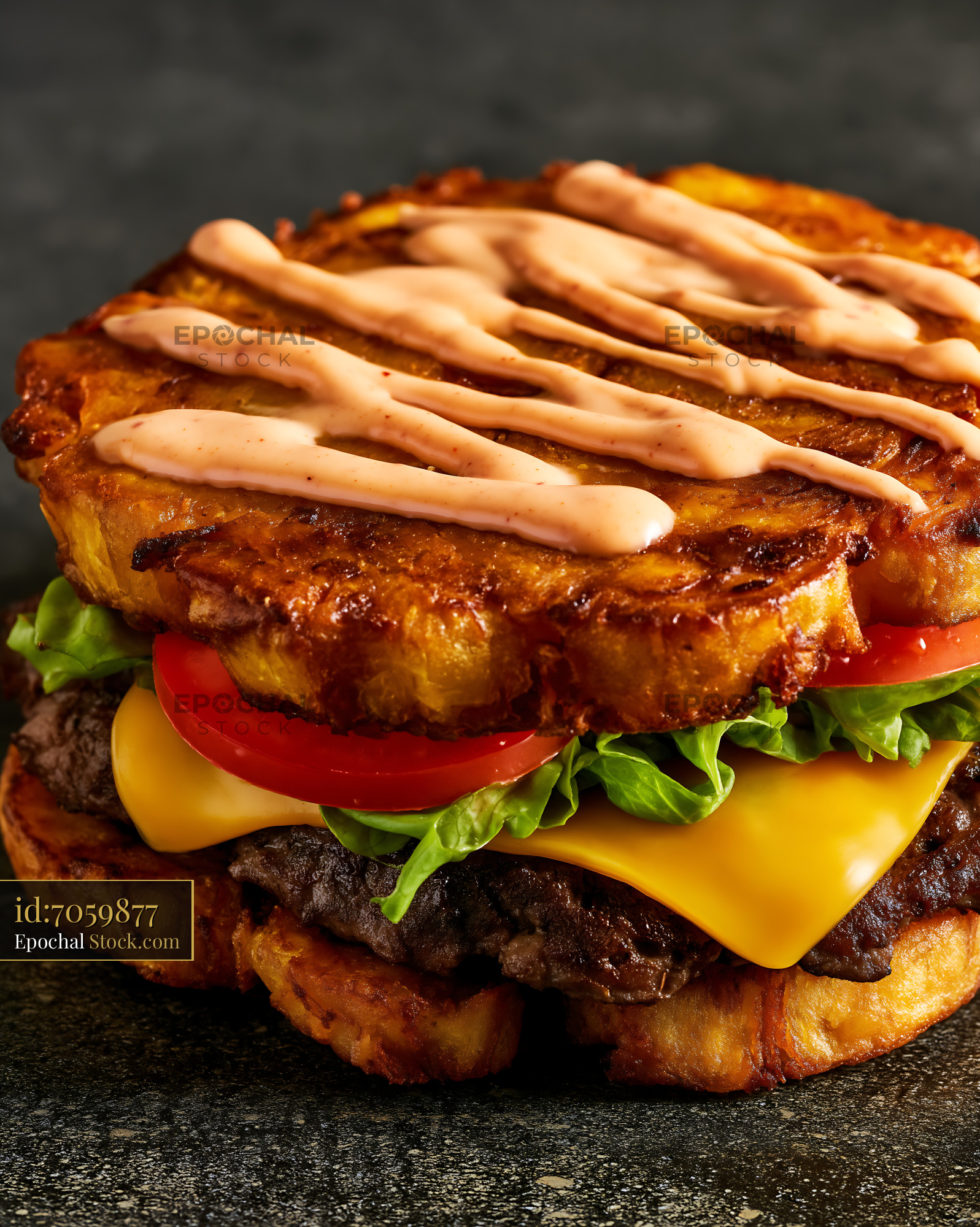 Gourmet Jibarito Burger with Fried Plantain Bread and Creamy Sauce - stock photo