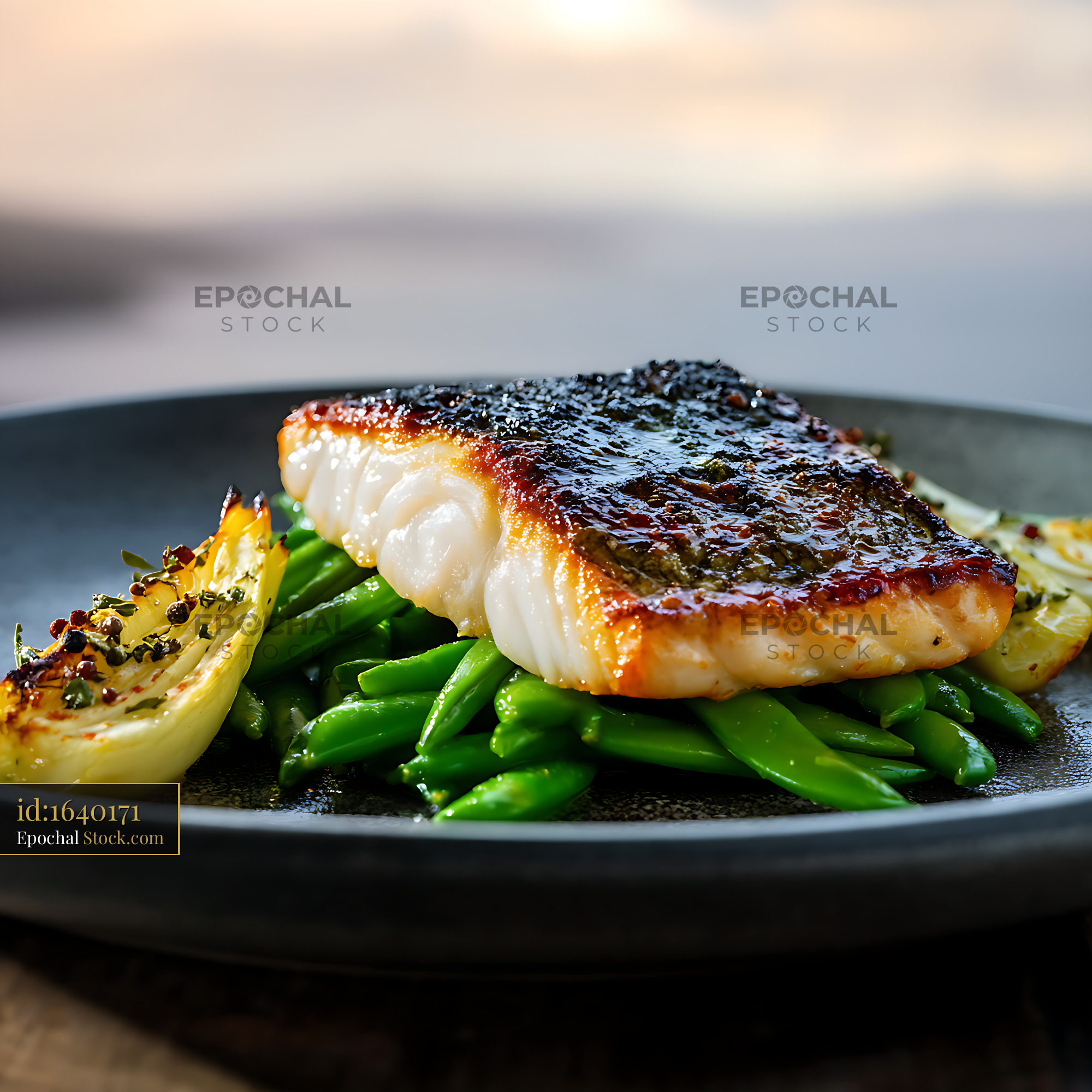 Pan-Seared Murray Cod Fillet with Green Beans - stock photo