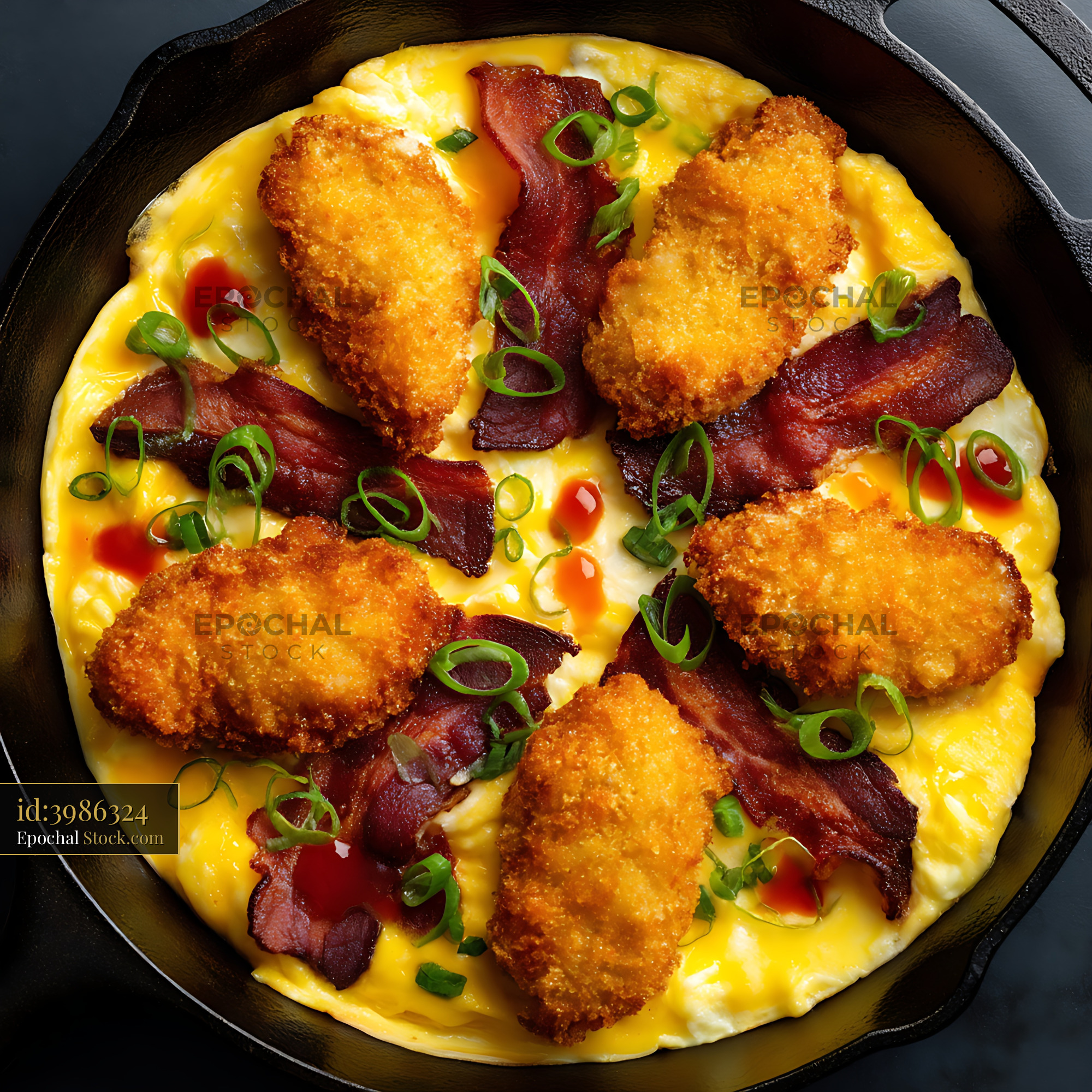 Crispy Chicken Bacon Frittata in Cast Iron Skillet - stock photo