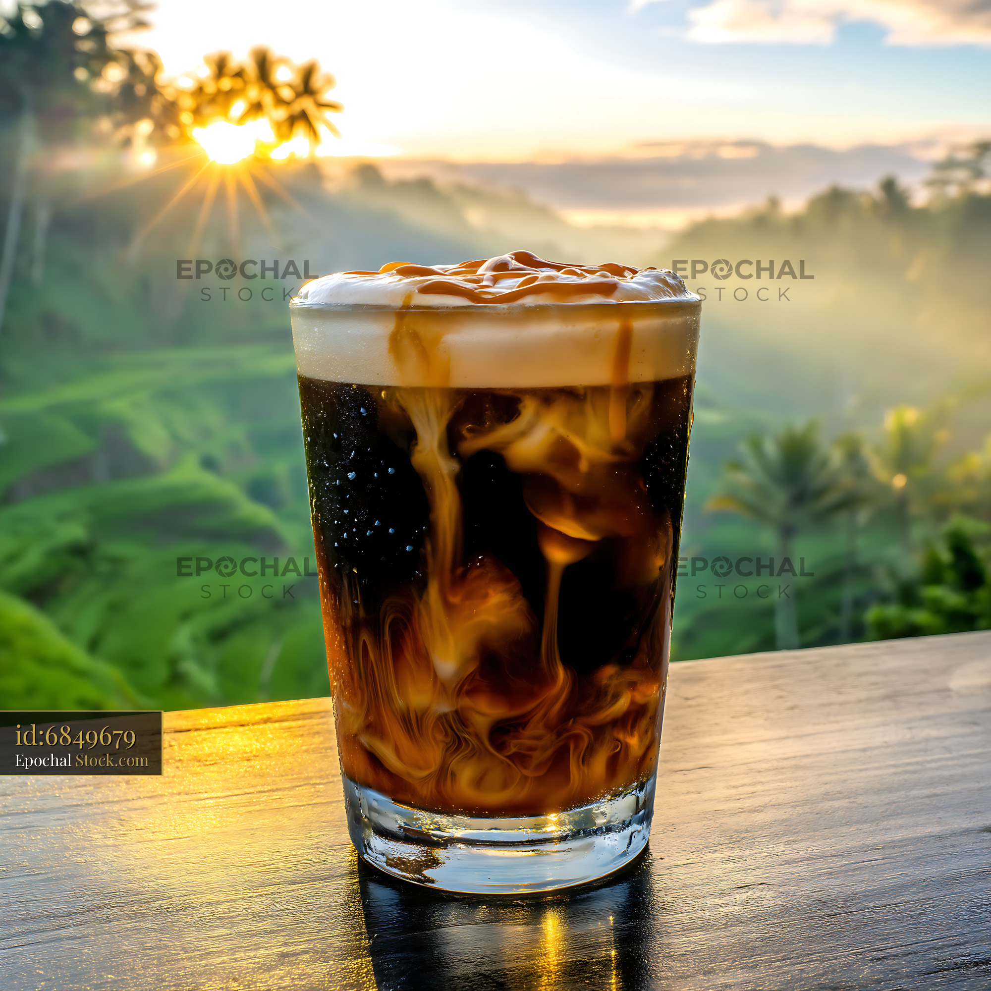 Nitro Caramel Coffee Over Ice at Sunrise - stock photo