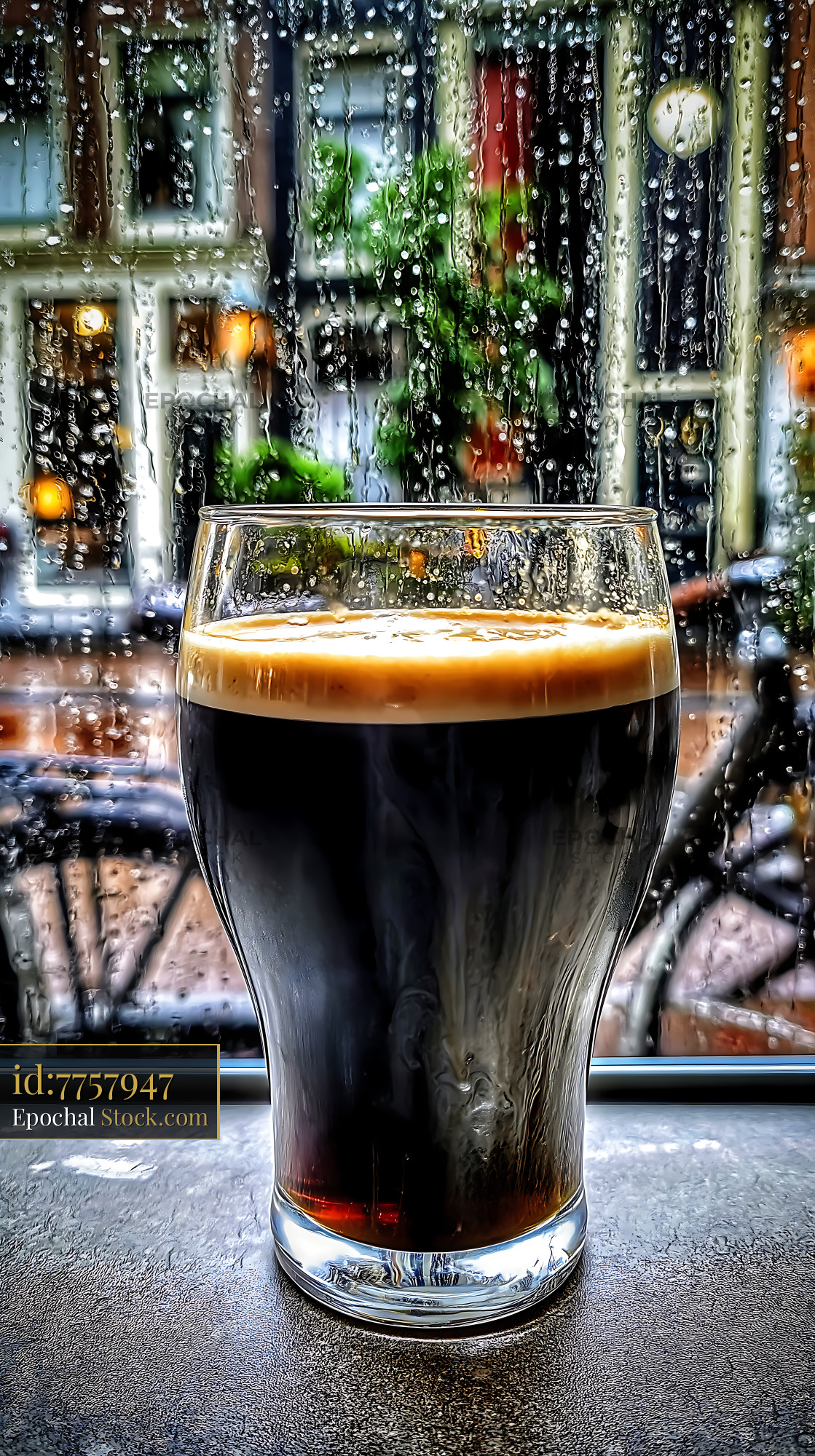 Nitro Caramel Coffee Glass, Rainy Window Cafe - stock photo
